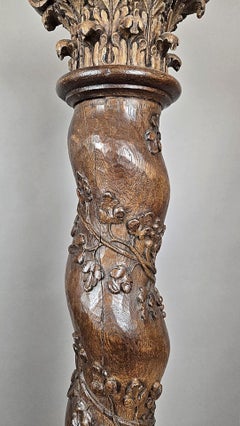 Pair of carved oak twisted columns, Corinthian capitals, early 18th century