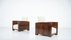 Pair of Art Deco Club Chairs, Wood and White Upholstery
