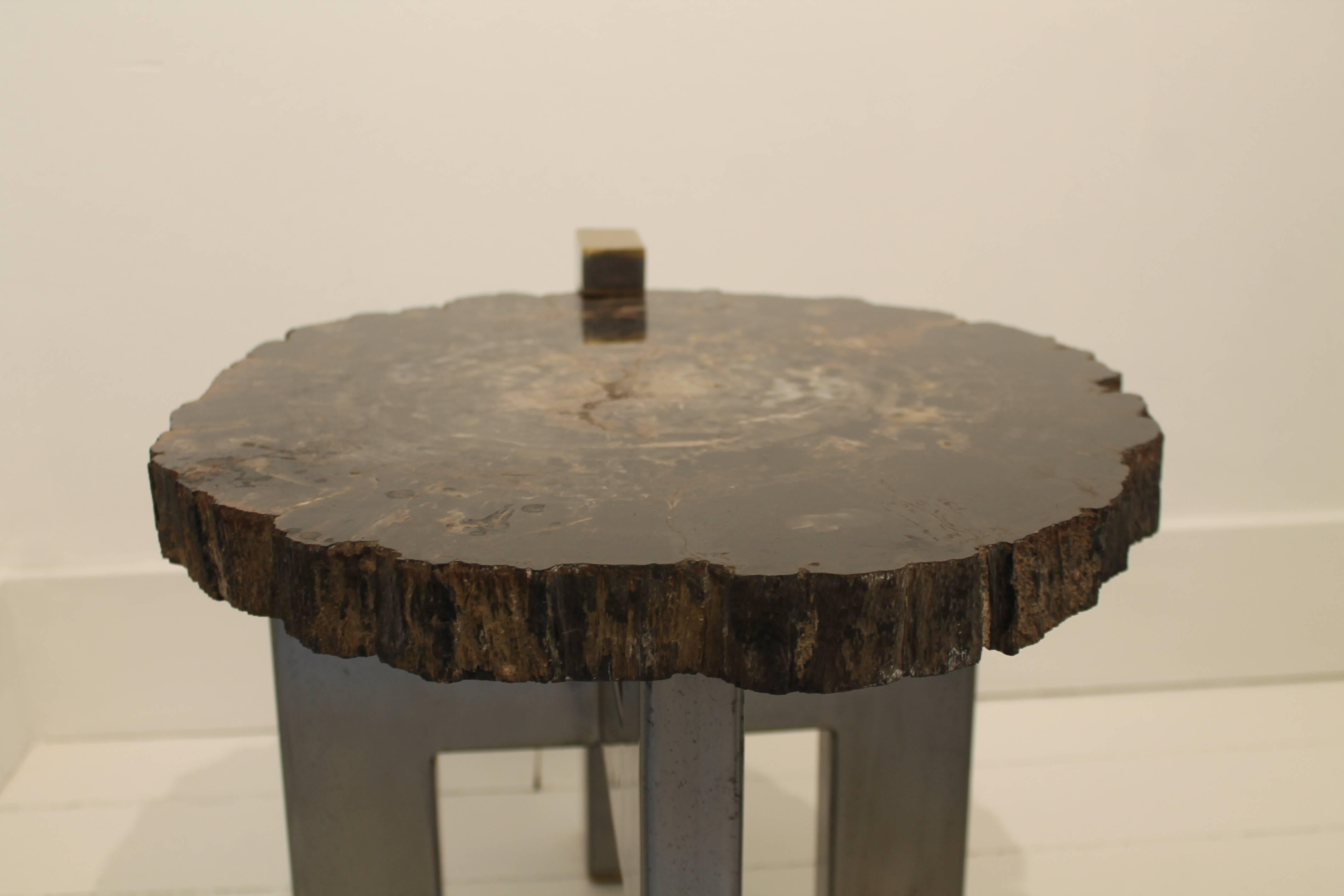 Contemporary Pair of 1970s Inspired Side Tables in Petrified Wood by Artist Yann Dessauvages