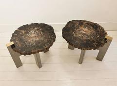 Paar Beistelltische aus versteinertem Holz, inspiriert von den 1970er Jahren, vom Künstler Yann Dessauvages