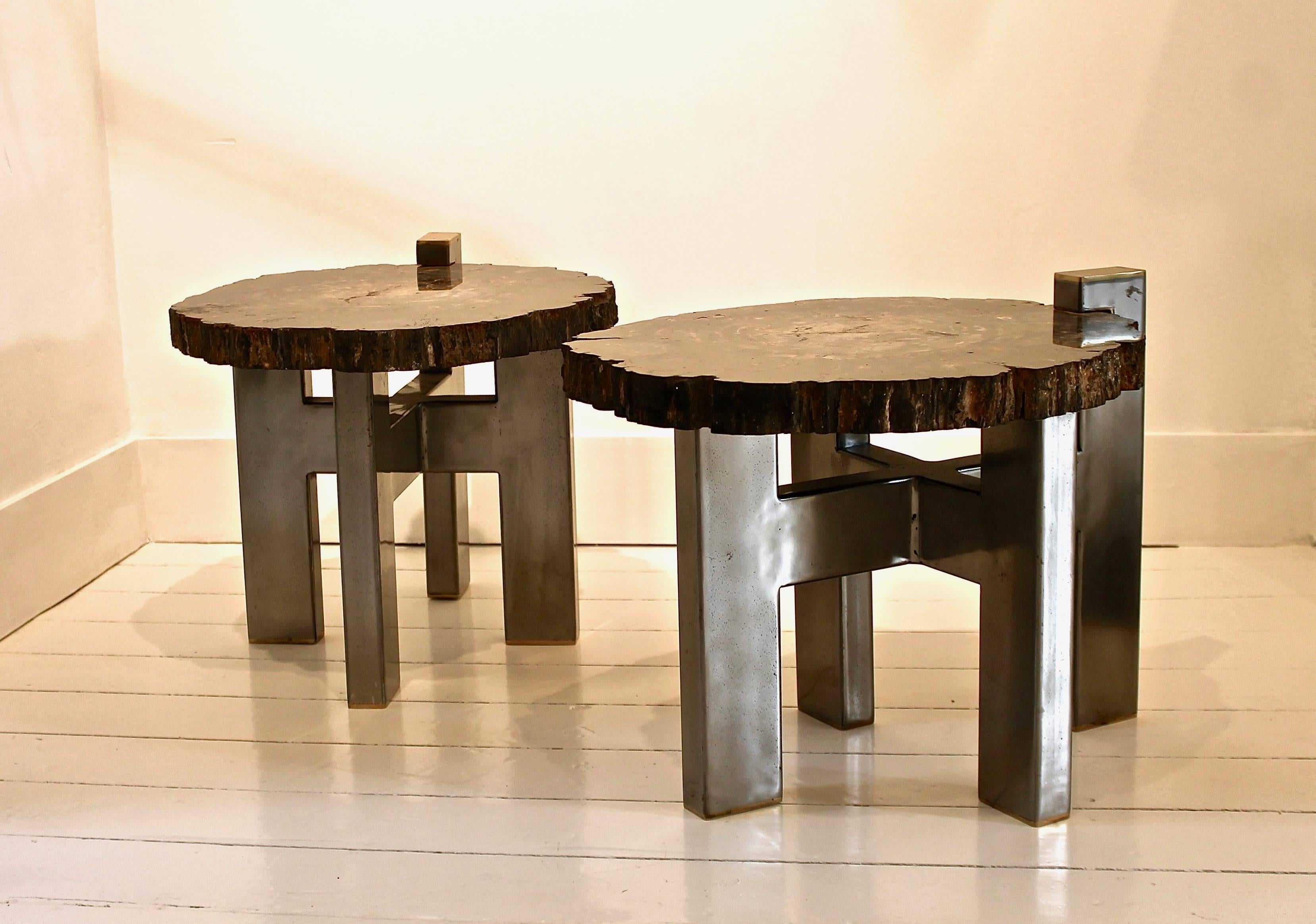 Organic Modern Pair of 1970s Inspired Side Tables in Petrified Wood by Artist Yann Dessauvages