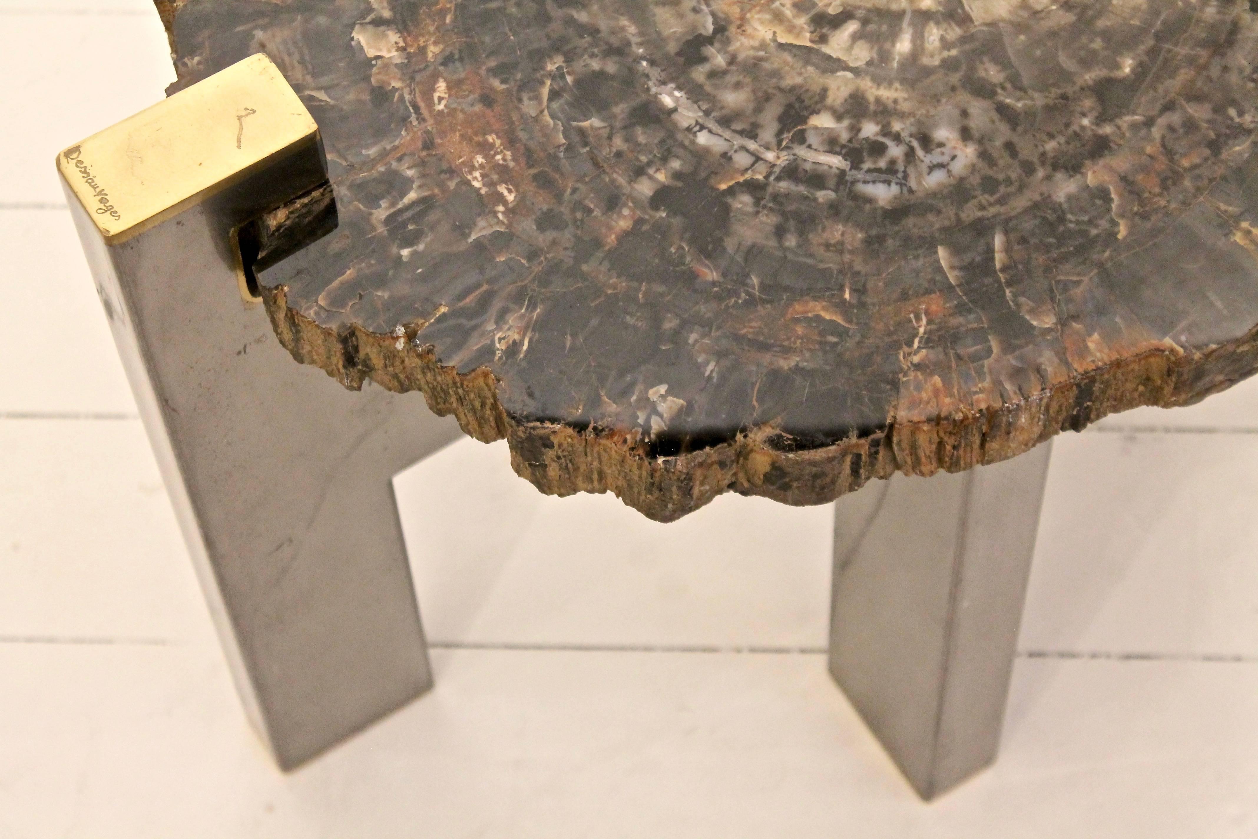 Pair of 1970s Inspired Side Tables in Petrified Wood by Artist Yann Dessauvages In Excellent Condition In Brussels, BE