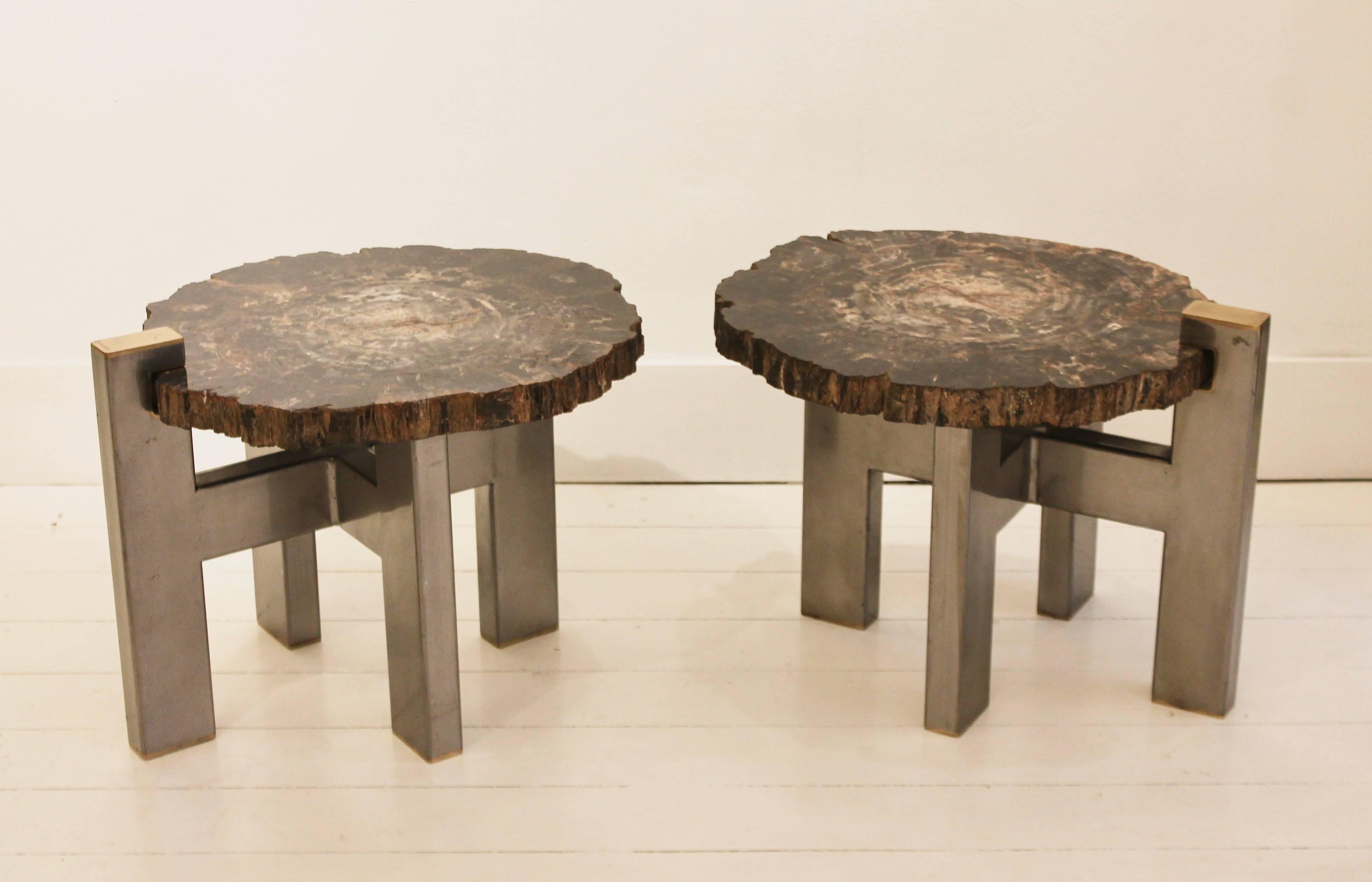 Pair of 1970s Inspired Side Tables in Petrified Wood by Artist Yann Dessauvages 2