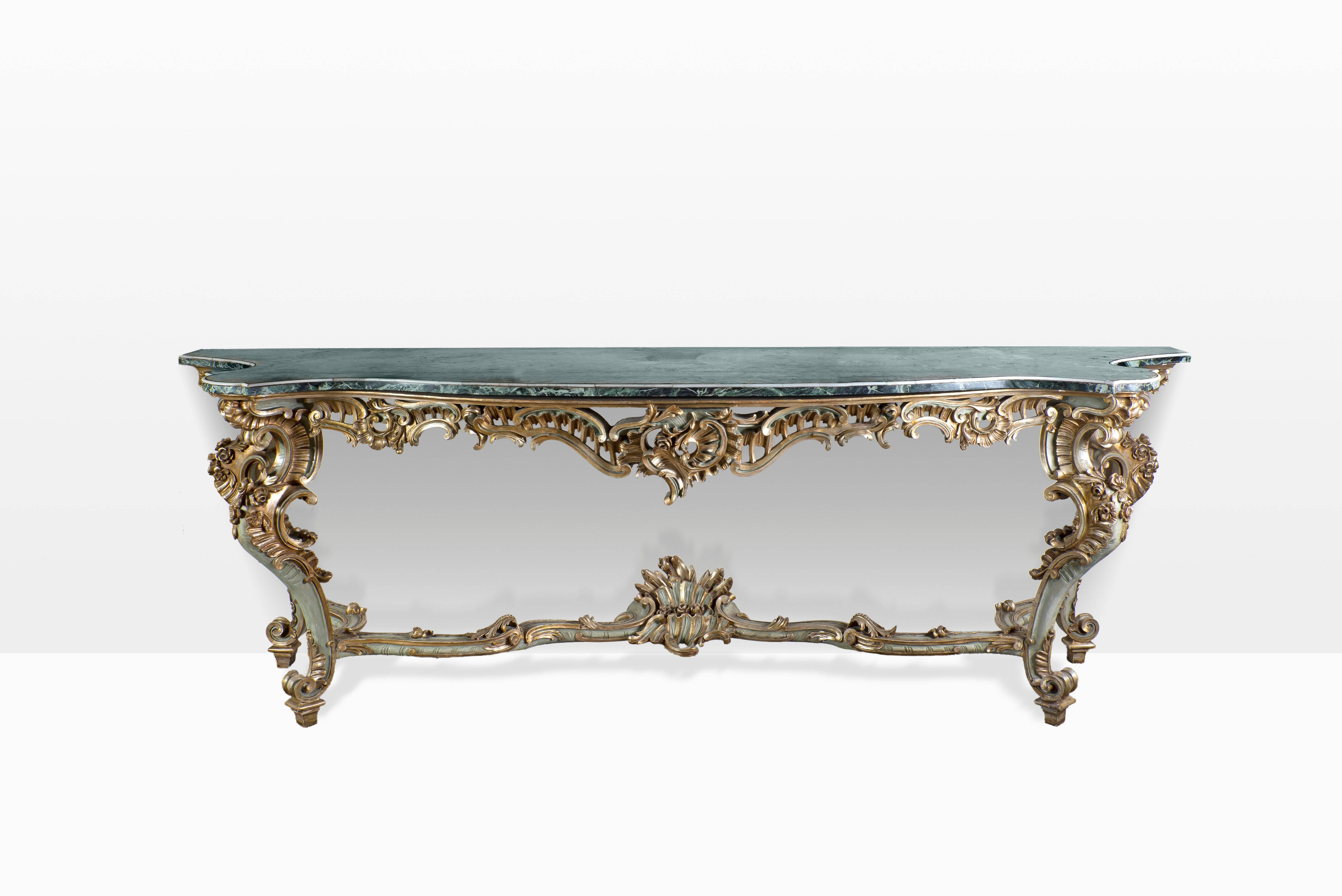 German Large 19th Century Console in Carved Painted Wood and Marble