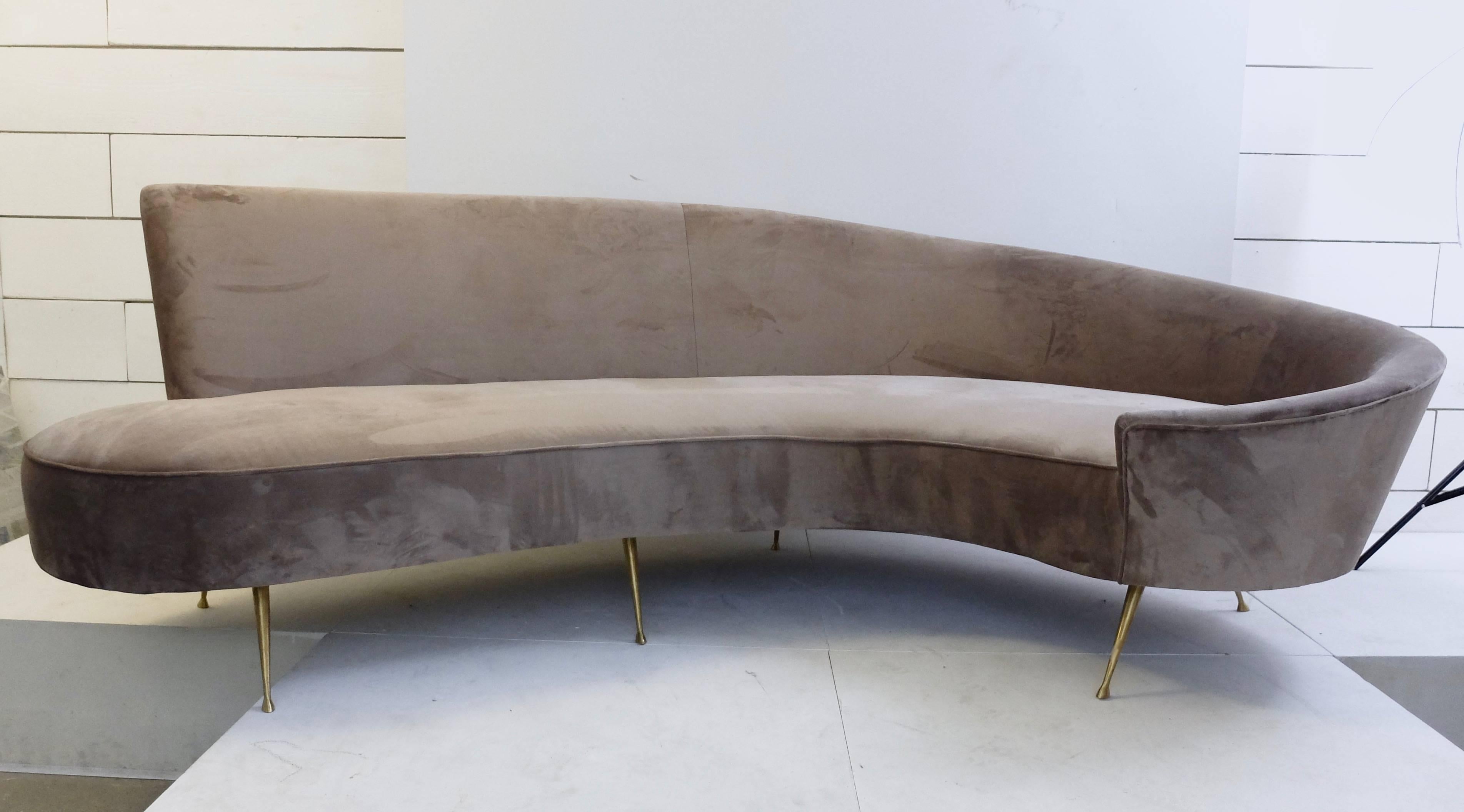 Italian Curved Sofa, New Upholstery and Small Typical Brass Legs 3