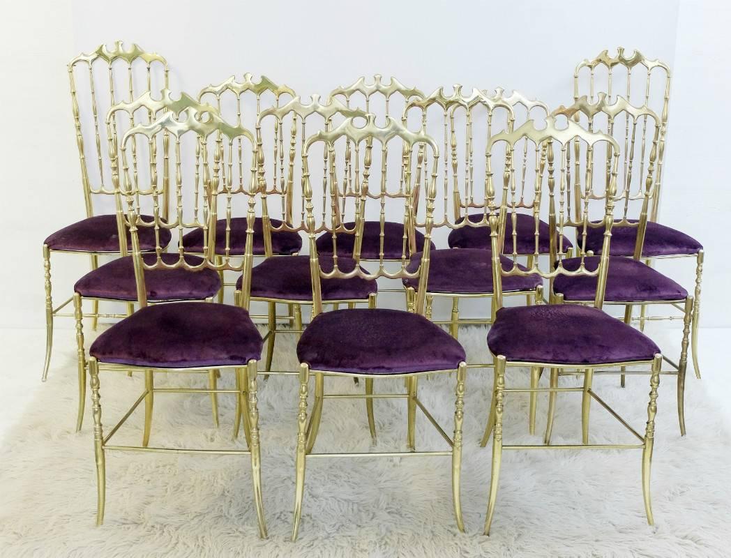 Mid-20th Century Set of 12 Polished Gilt Brass Chiavari Ballroom Chairs