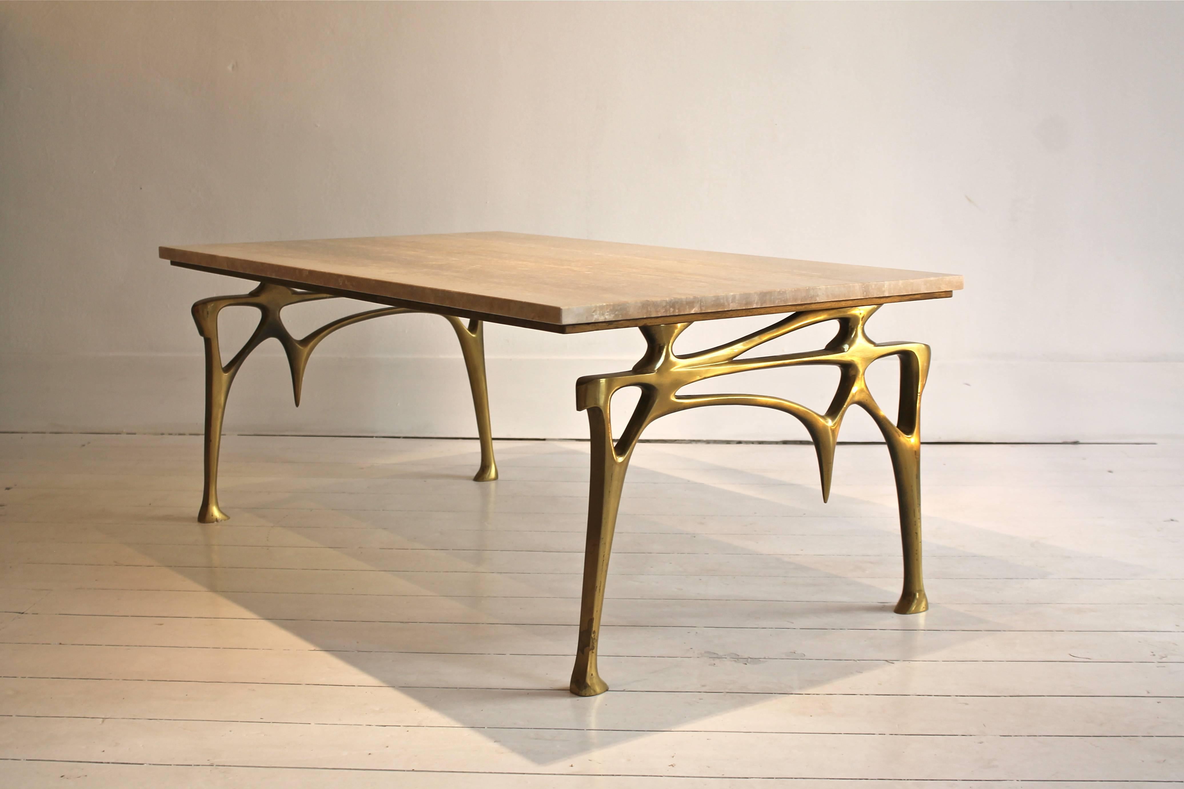 1970s Gilt Bronze and Travertine Coffee Table Signed, Belgian Artist Willy Daro 3