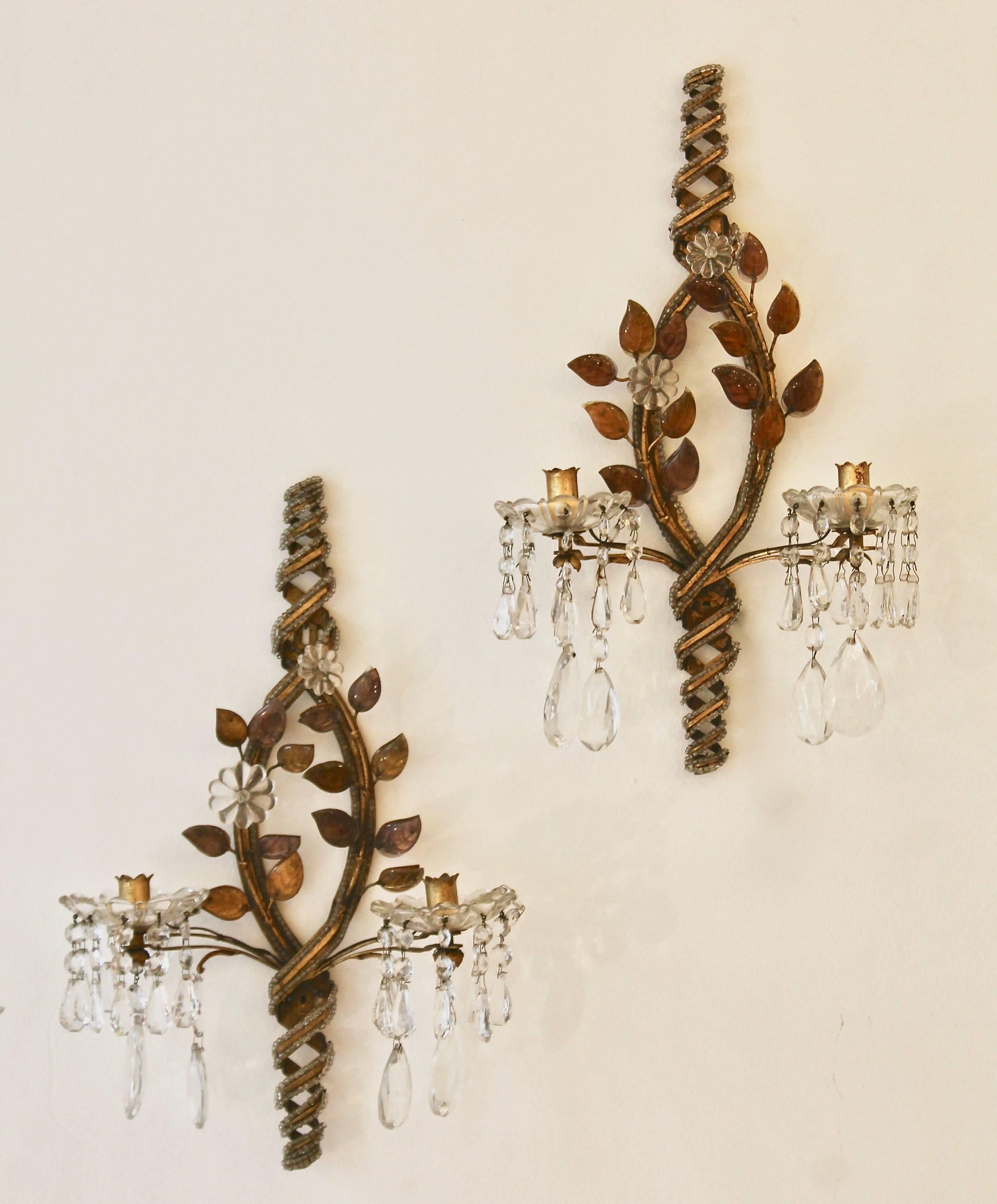 Pair of Baguès Paris Sconces with Pendants, 1940s In Excellent Condition In Brussels, BE
