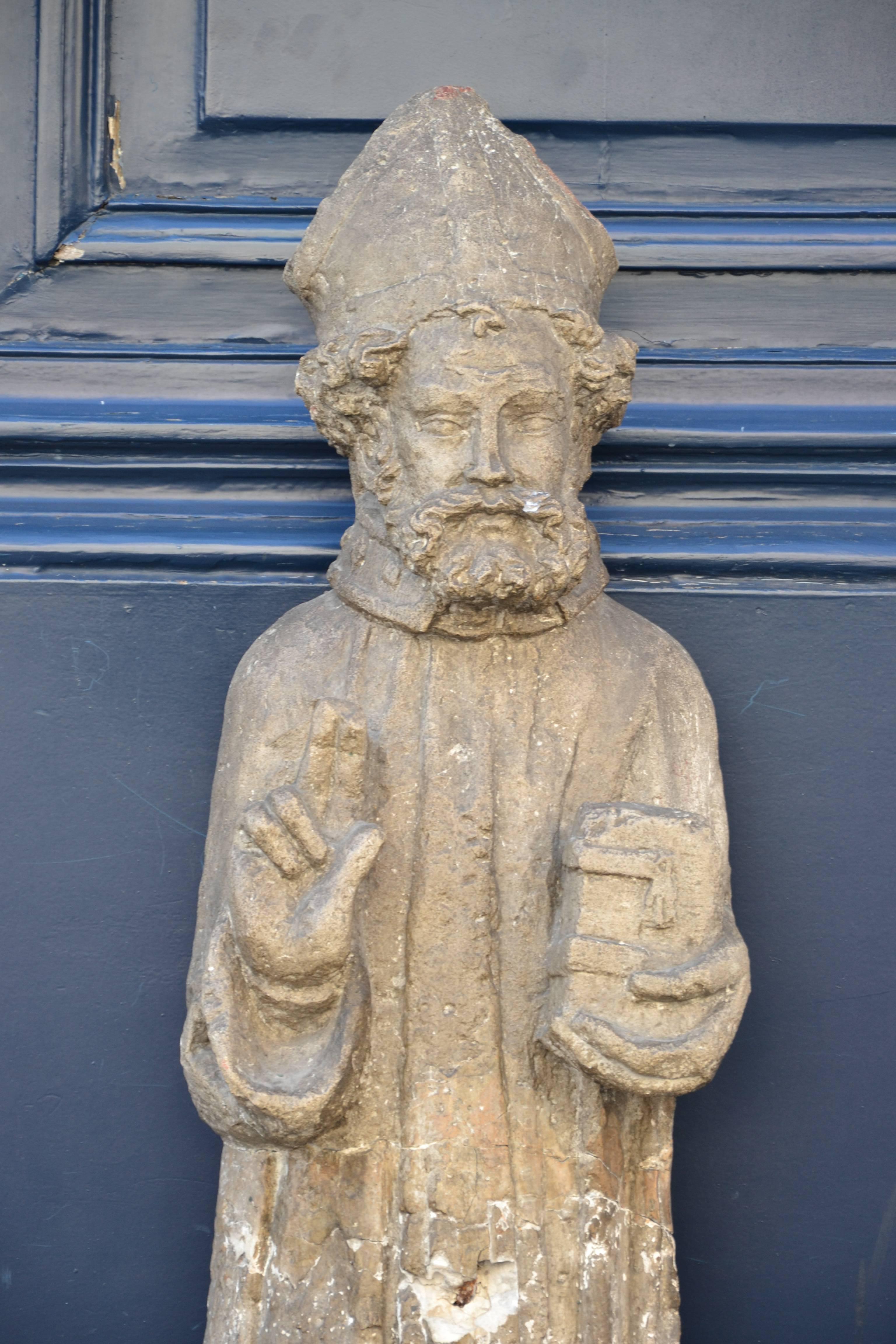 Beautiful 16th Century Statue of St. Nicholas in Carved Stone 1