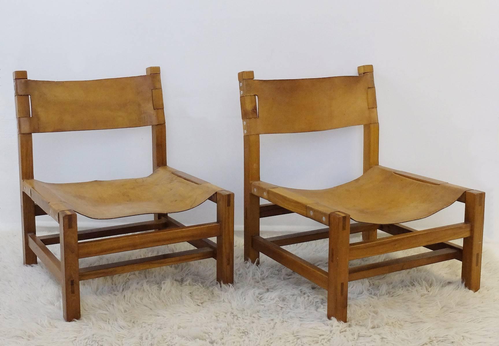 Mid-20th Century Pair of Solid Elm and Cognac Leather Low Chairs by Maison Regain - Circa 1970