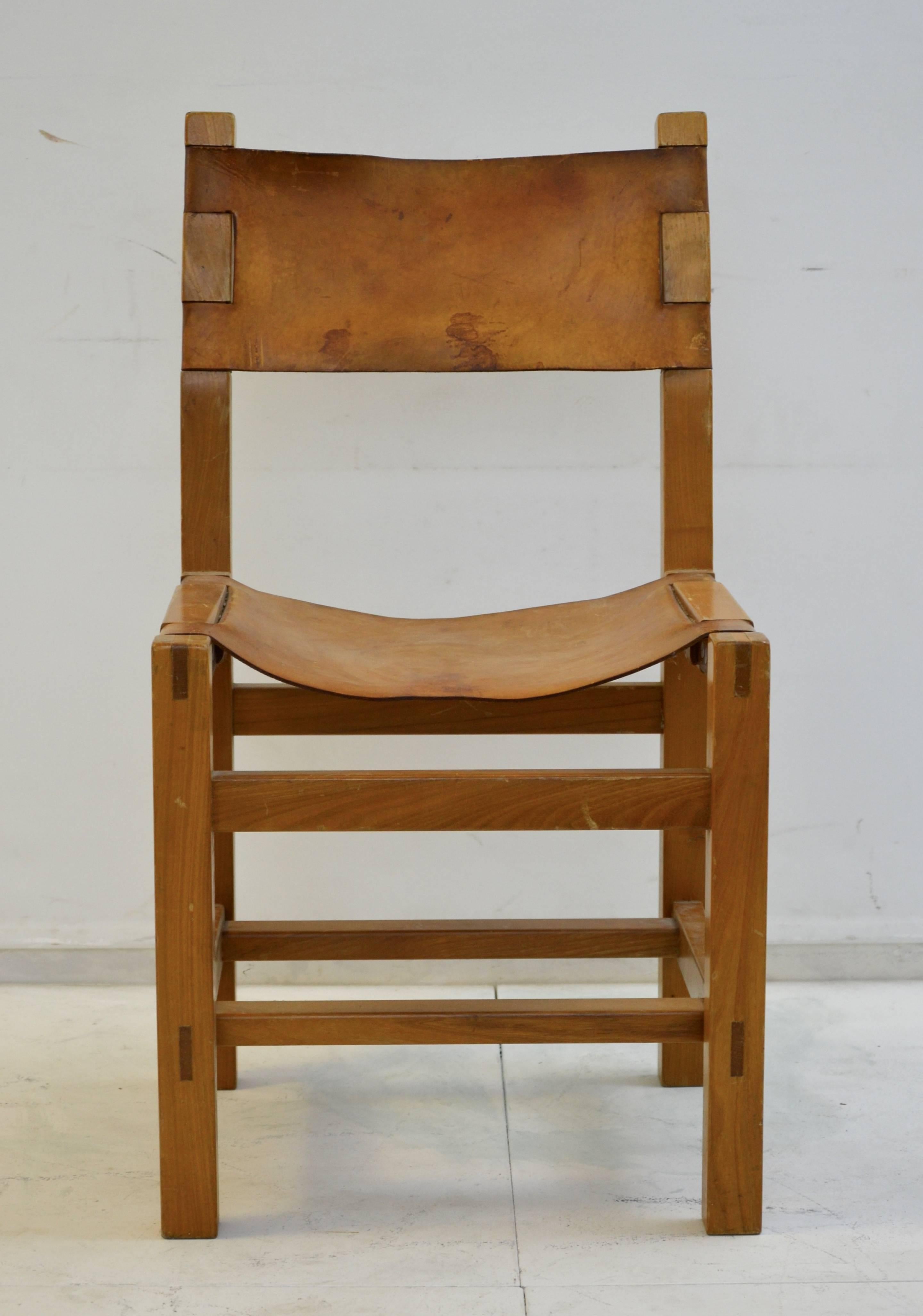 Mid-20th Century Set of Ten Solid Elm and Cognac Leather Chairs by Maison Regain - Circa 1970