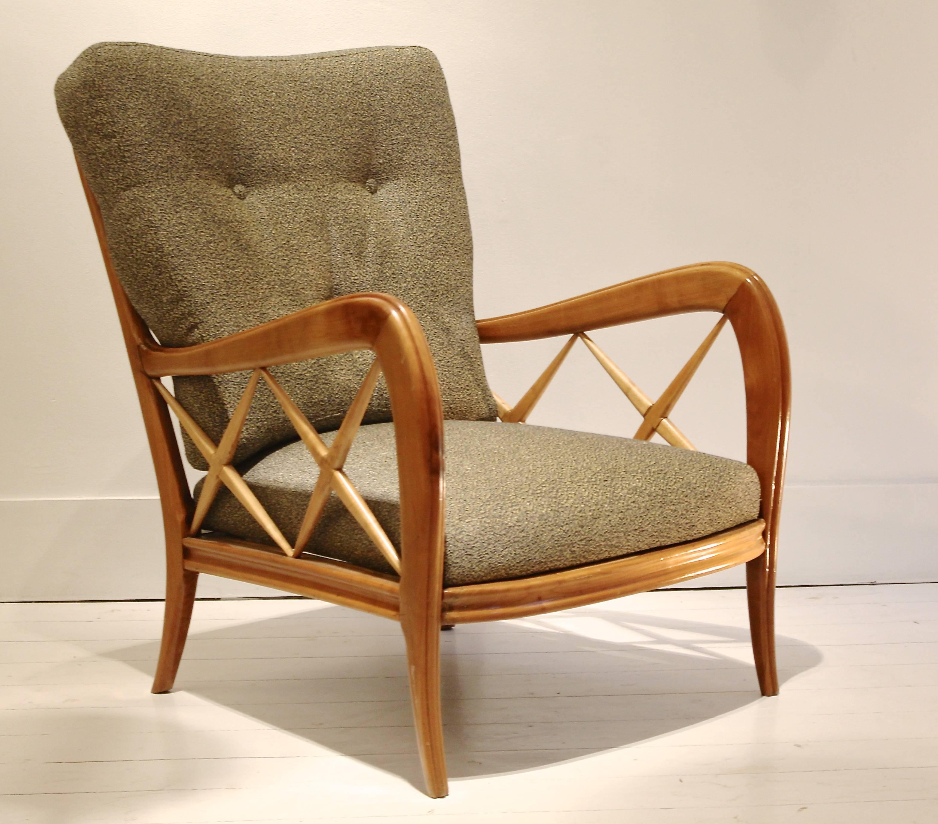 Pair of 1940s Paolo Buffa cherrywood armchairs, newly upholstered using Pierre Frey Paris fabric.