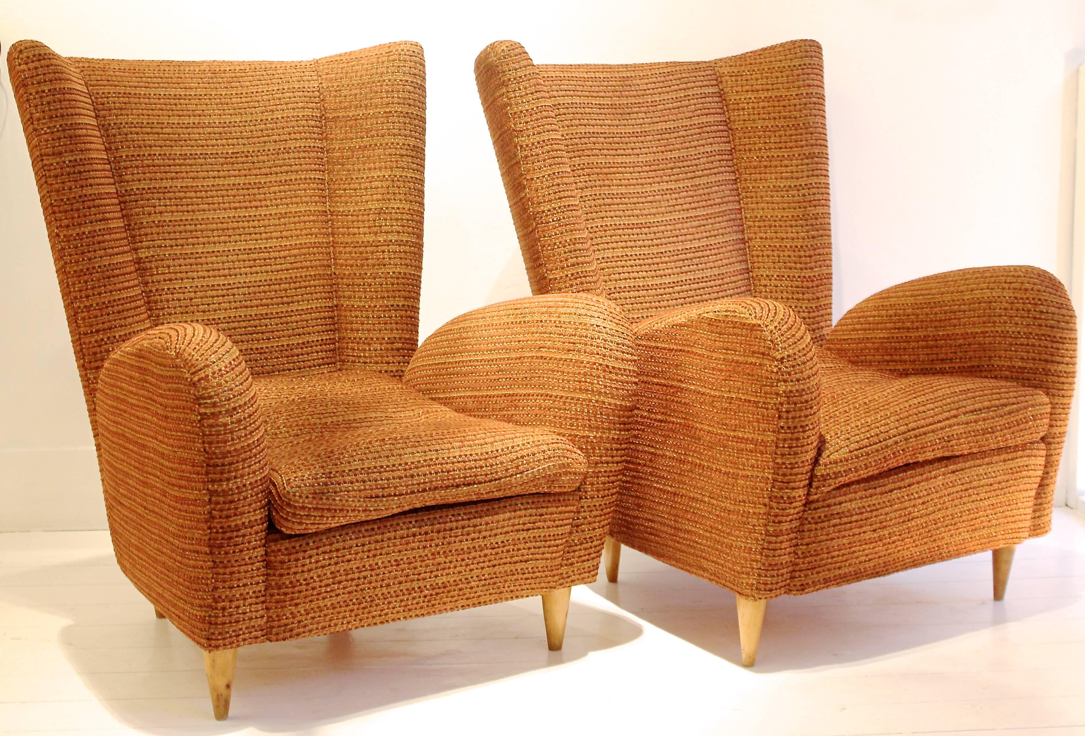 Pair of 1950s Italian armchairs attributed to designer Paolo Buffa, new upholstery using Robert Allen design fabric.