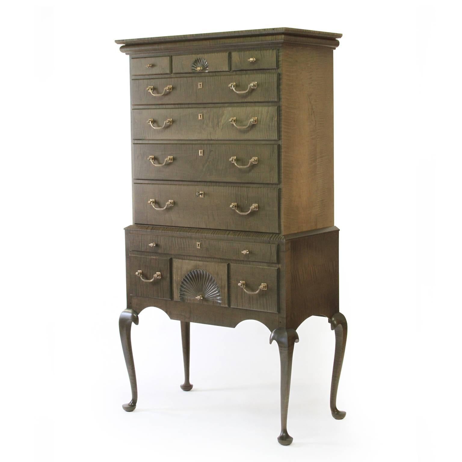 American O&G Tiger Maple Highboy with Cast Bronze Fist or Hand Hardware For Sale