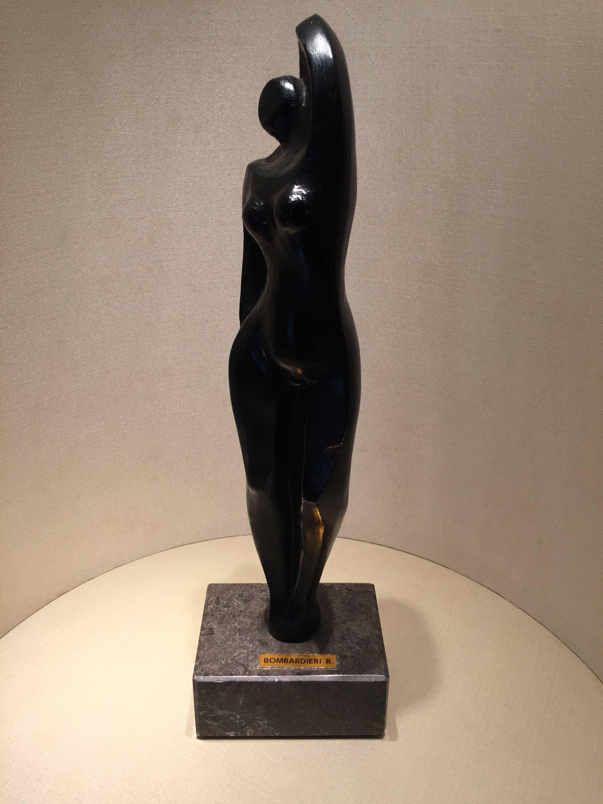 A beautiful nude of a female figure, cast bronze on a marble base.
Remo Bombardieri is born in Brescia (Italy) in 1936 where he lives and work.
His sculptures are in many European private collection and he made big monuments in Germany and Italy.