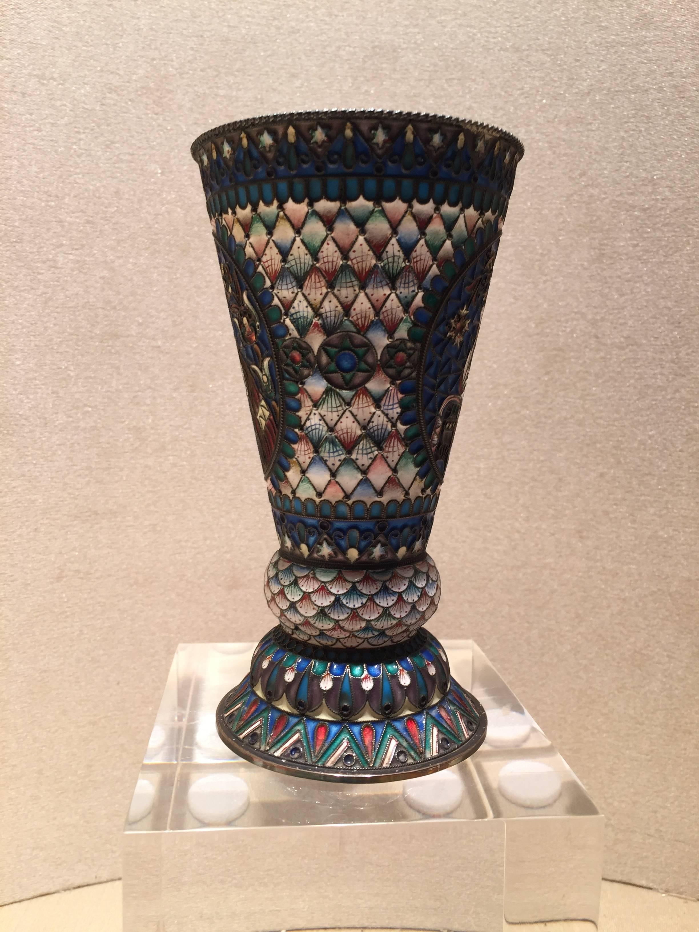 Arts and Crafts Beautiful Early 20th Century Russian Silver and Enamel Beaker For Sale