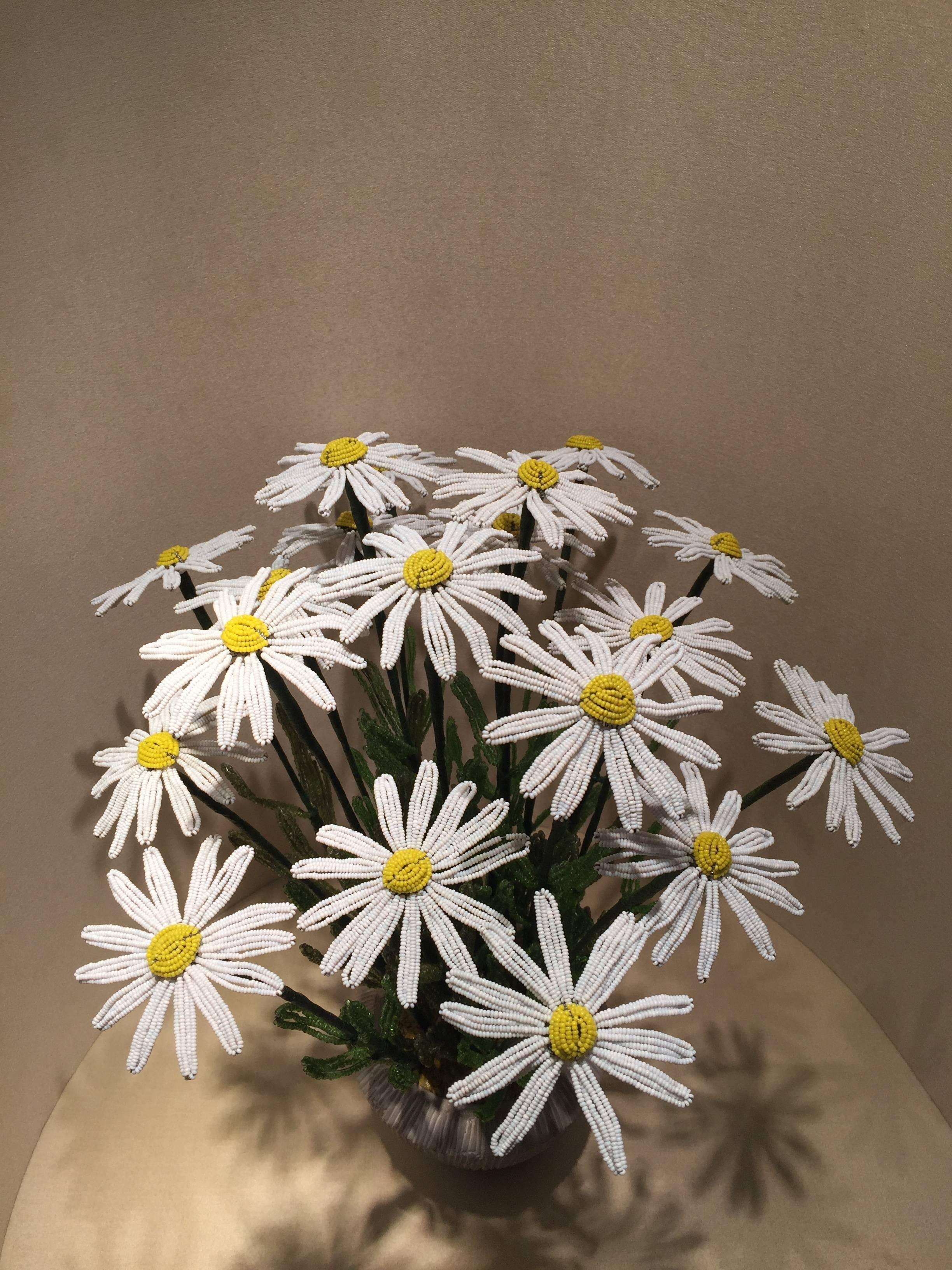 Beautiful beaded flowers put in a contemporary pot with grit bonded glass made early 20th century.