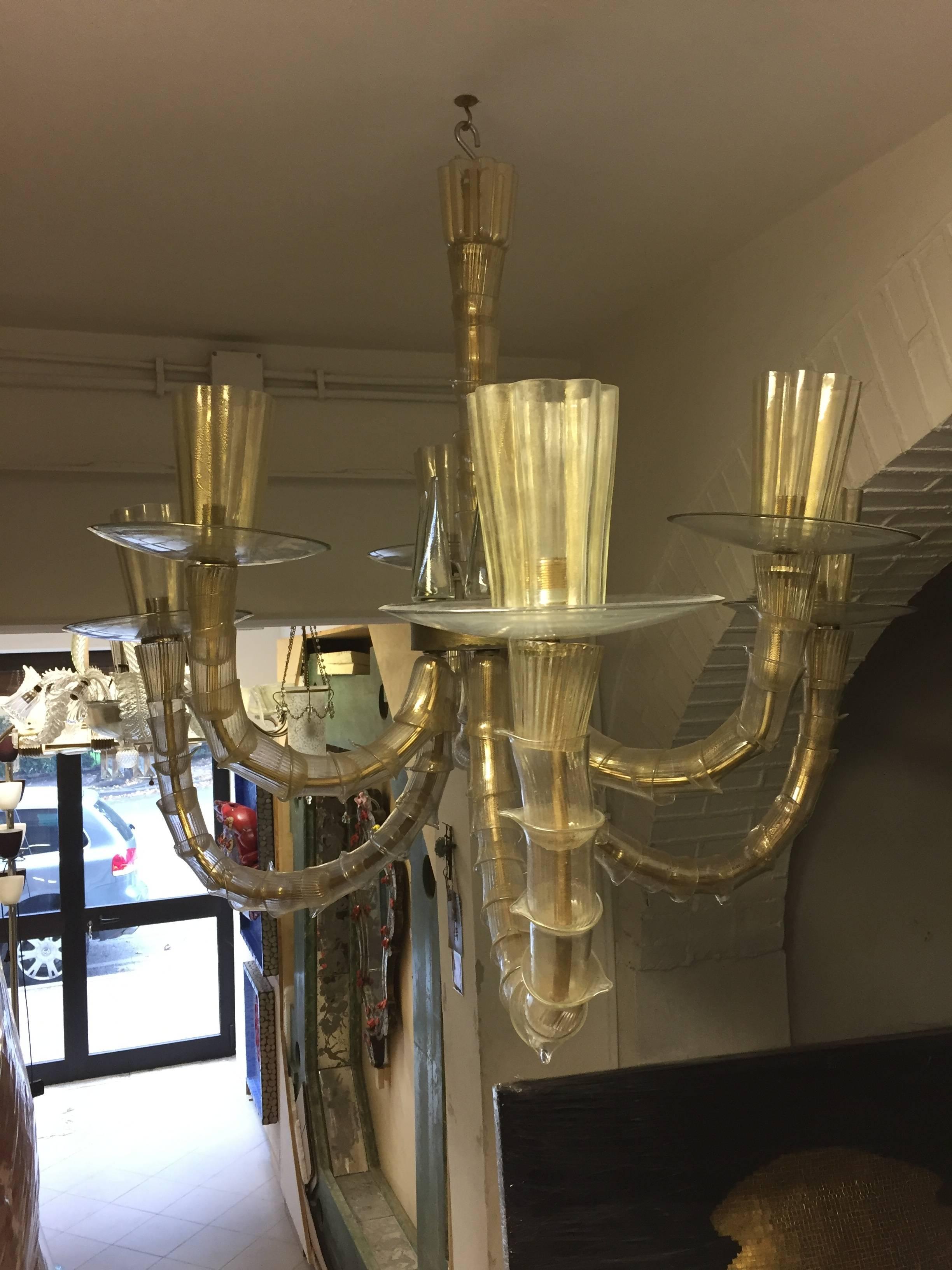 Arts and Crafts Mid-20th Century Six Arms Murano Glass with Gold Leaf Chandelier For Sale