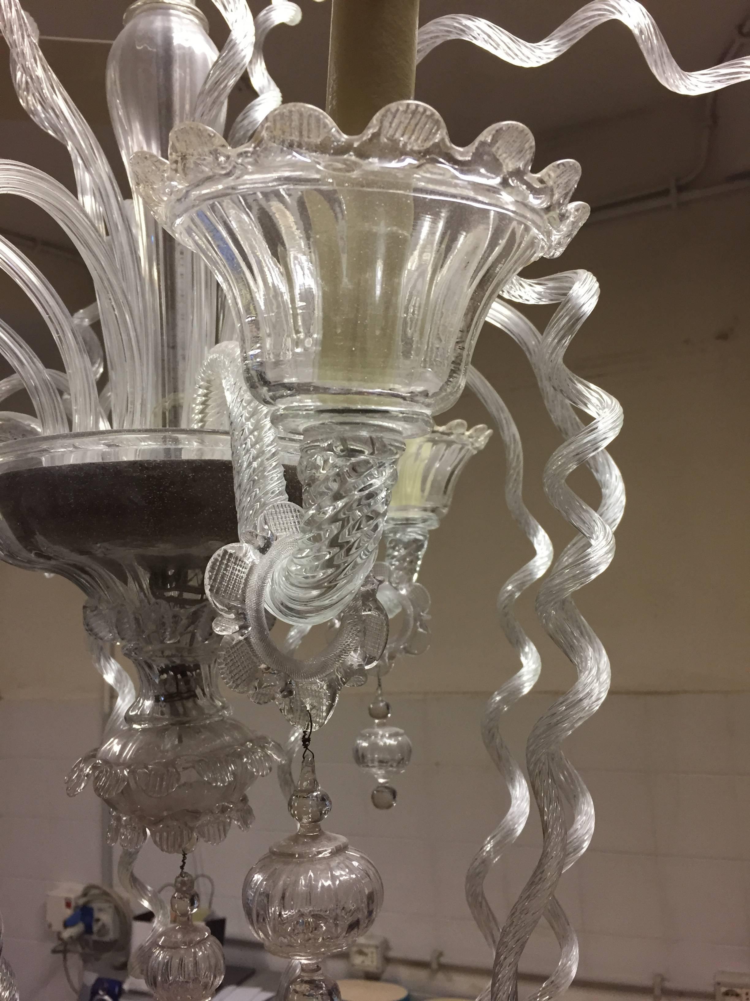 Italian Mid-20th Century Three-Arm Clear Glass Chandelier For Sale