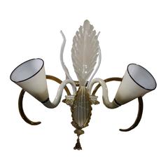 Beautiful Two Arms Murano Glass Sconce with Big Leaves in Topaz Color