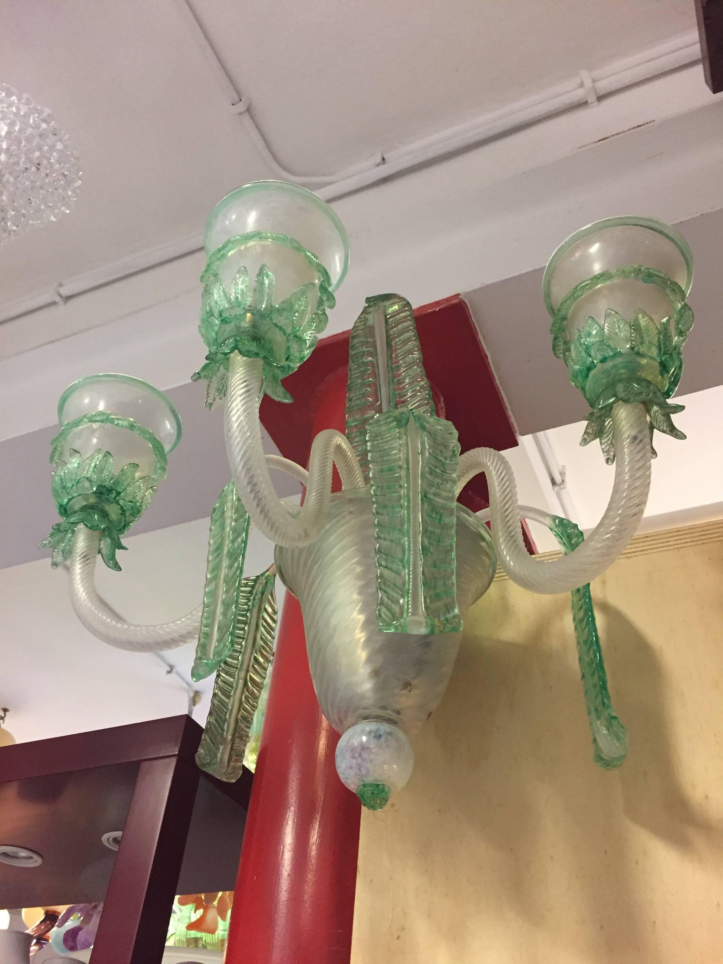 Italian Three Arms Green and Opal Glass Sconce For Sale