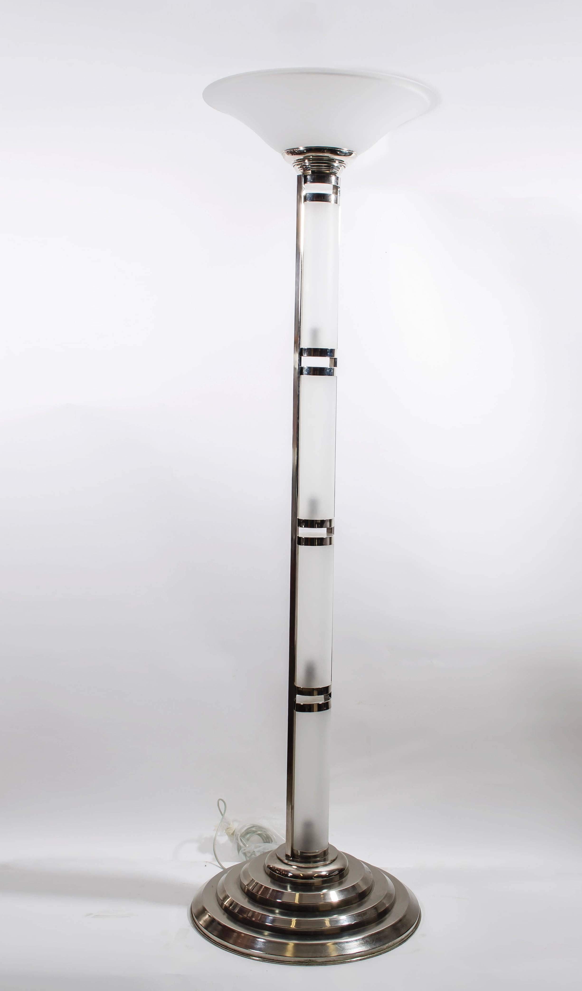 A very nice pair of Murano glass floor lamps, sandblasted cylinders and shade on chromium-plated stem.

Check other items in our storefront page.