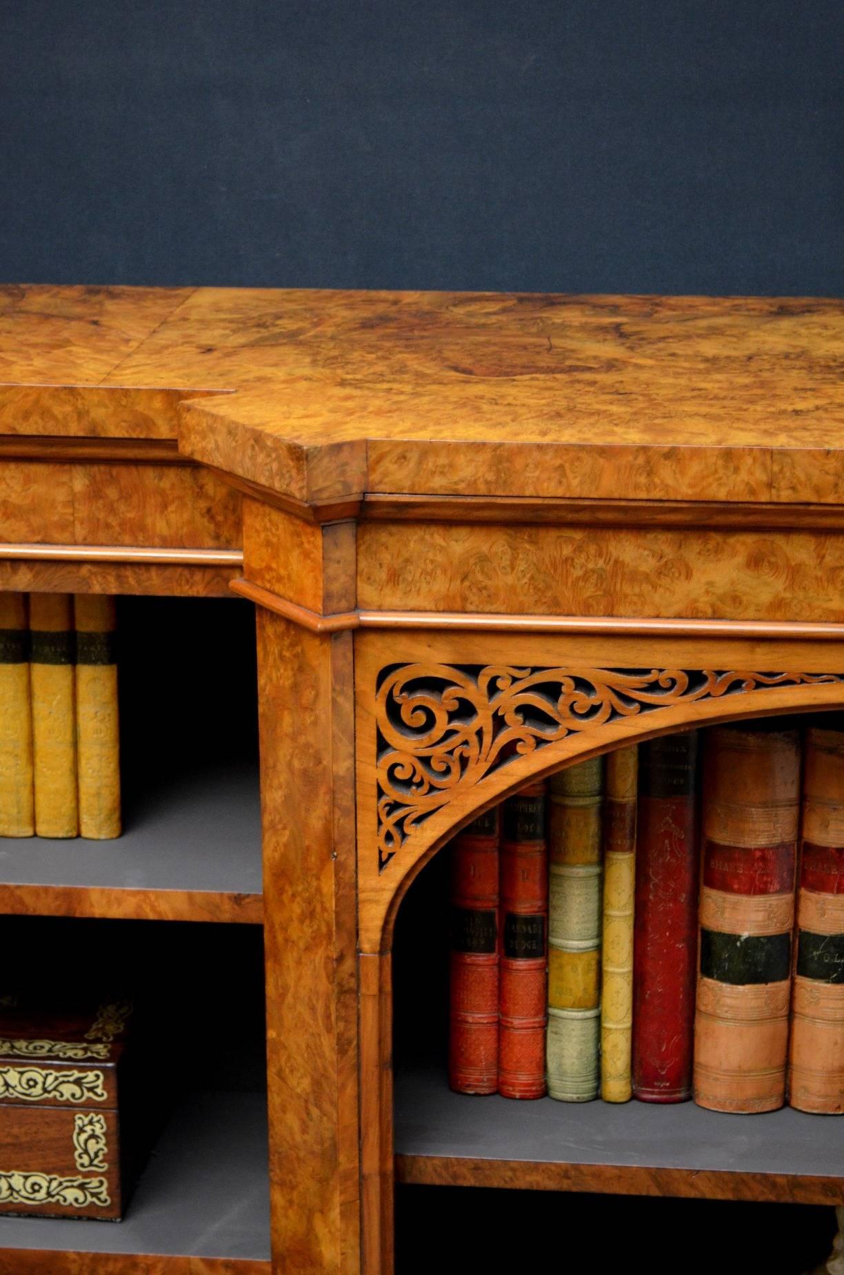 English Superb Victorian Burl Walnut Open Bookcase