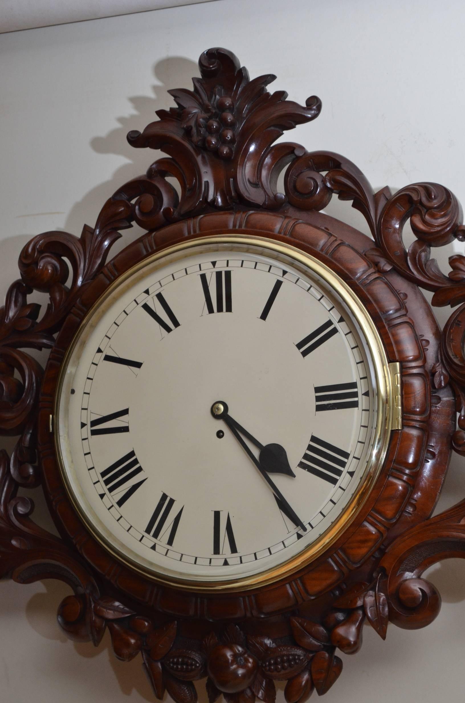 British Exceptional Victorian Wall Clock, Large Mahogany Clock