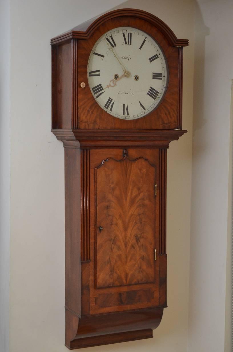 Sn3109, fine and Unusual George III, mahogany wall clock-Norfolk clock, having original painted dial signed A Merga, Nantwich, two train, 8-day movement with anchor escapement rack striking on a saucer bell, all in original, flamed mahogany case
