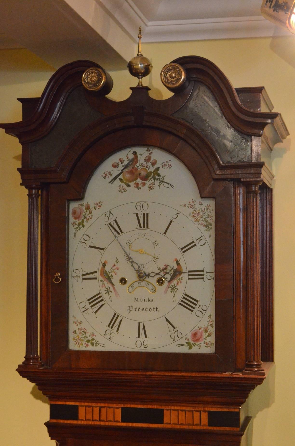 Sn3209 Fine Georgian mahogany and inlaid long case clock, having white arched dial, signed G Monks, Prescott with subsidiary seconds and date aperture painted with birds, rose and flower spandrels, the arched painted with bird perched among berries,