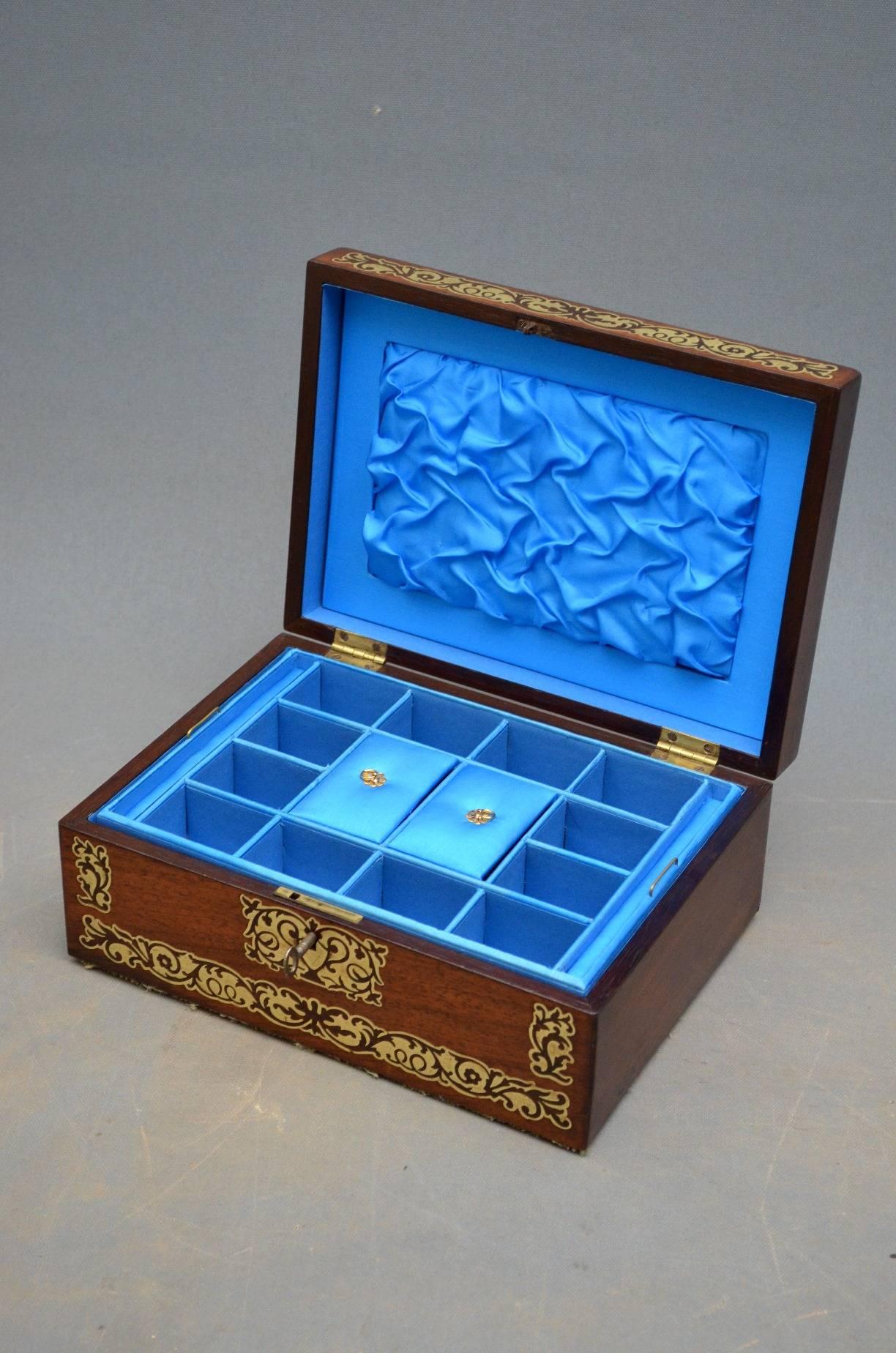 Early 19th Century Regency Brass Inlaid Rosewood jewelry Box with Relined Interior