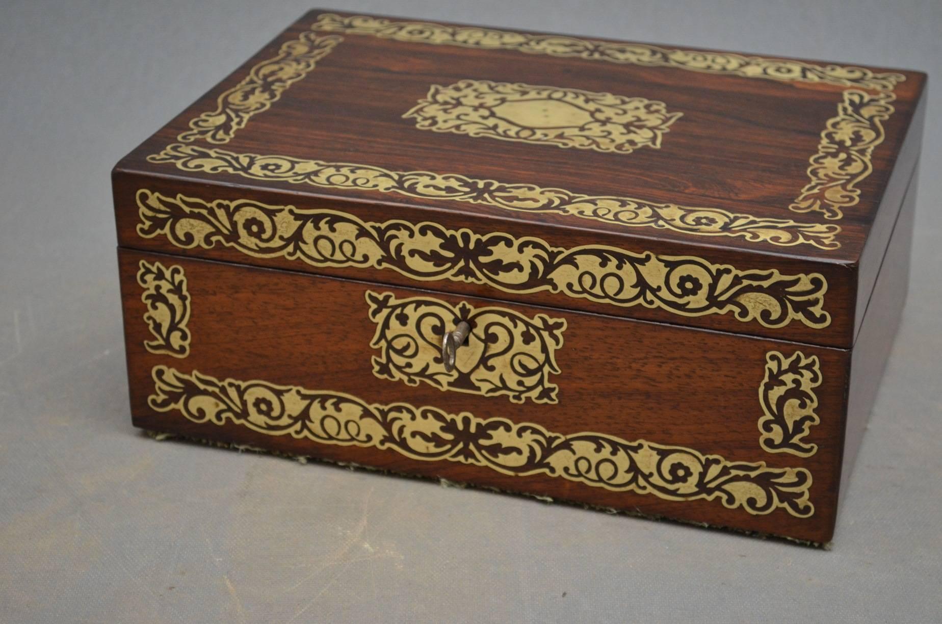 English Regency Brass Inlaid Rosewood jewelry Box with Relined Interior