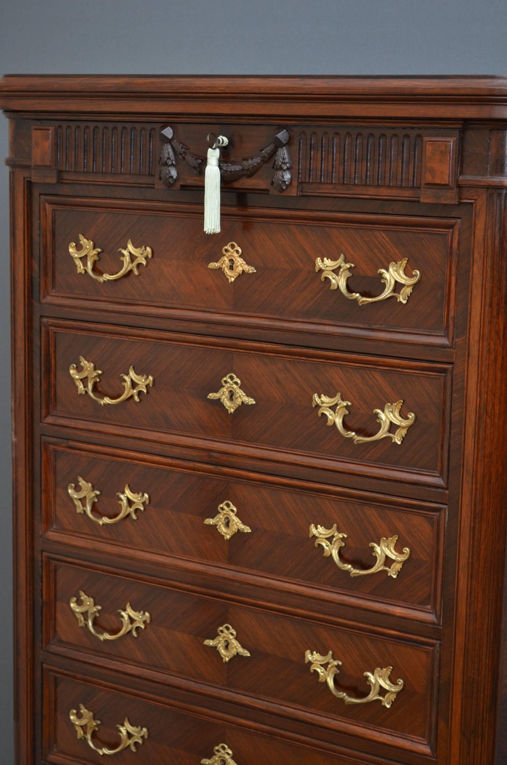 French Continental Rosewood Tall Chest of Drawers
