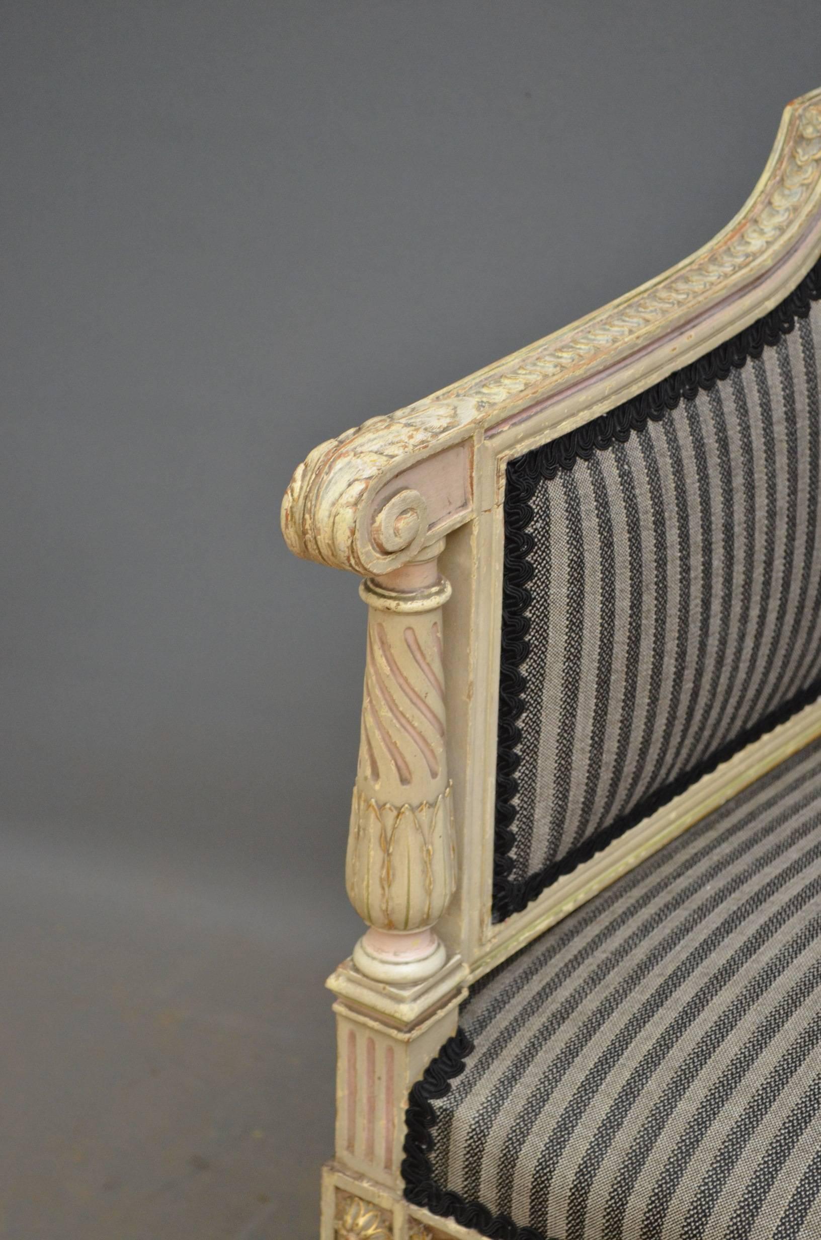 Sn3785, very attractive Louise XVI revival armchair, having moulded cresting top rail, foliate arms and patera bosses in gilt, all standing on spirally fluted legs. This wonderful Victorian chair retains its original paintwork and gilt, circa