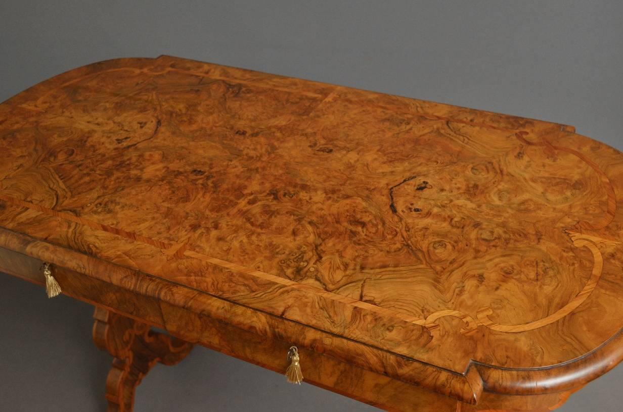 Sn2820 stunning Victorian, burr walnut side table, having quarter book match veneered top with tulipwood crossbanding and moulded edge above shaped frieze and two drawers fitted with original locks, raised on shaped tulipwood crossbanded supports