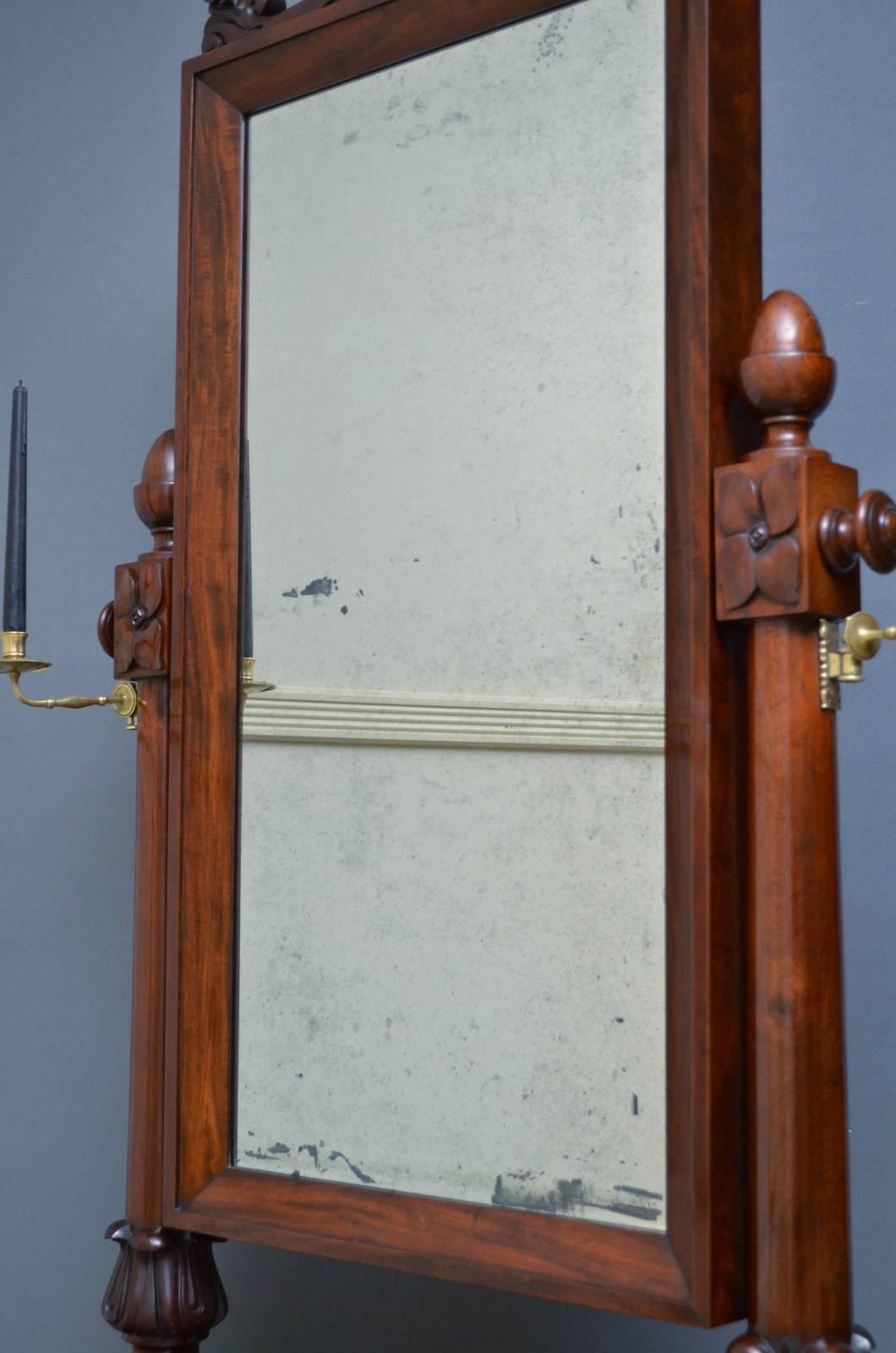 William IV Mahogany Cheval Mirror In Excellent Condition For Sale In Whaley Bridge, GB