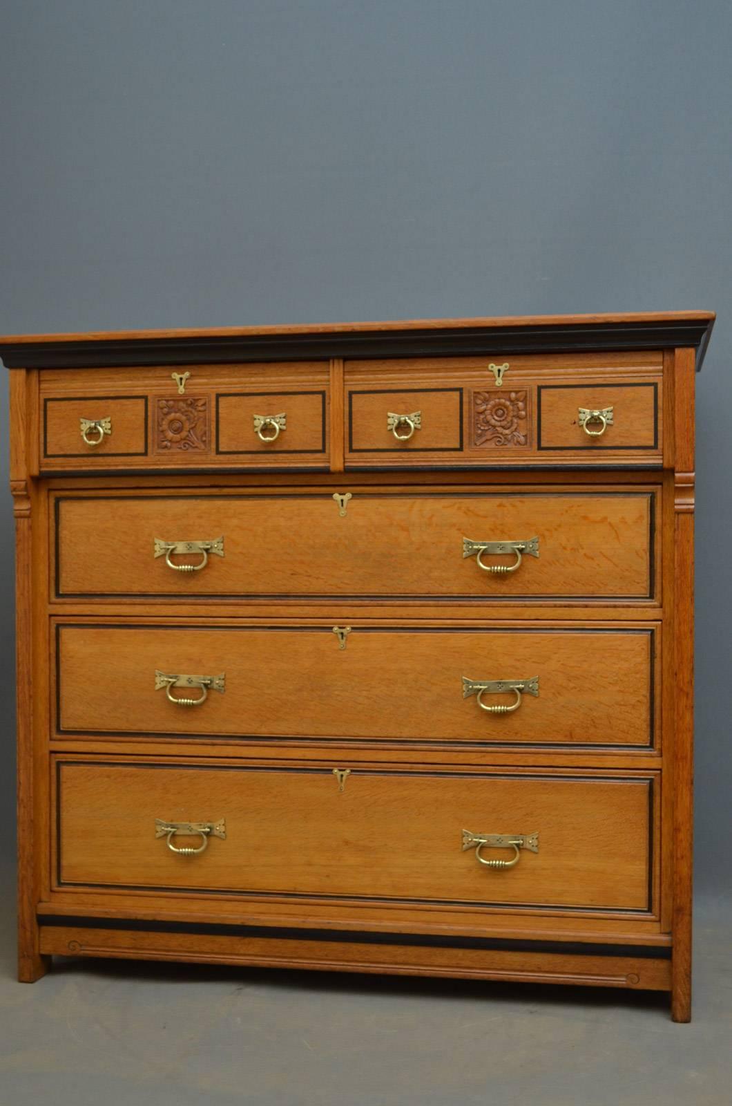 Aesthetic Movement Victorian Oak and Ebonised Chest of Drawers by Lamb of Manchester