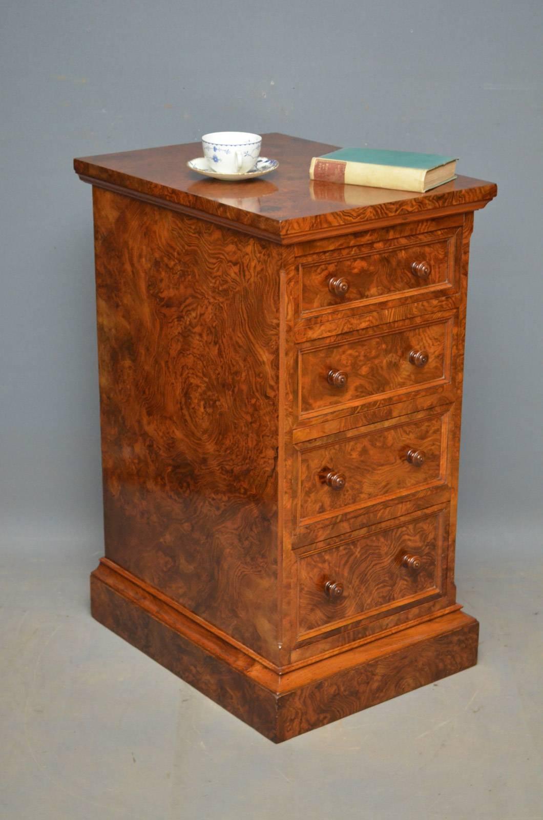 Sn4171, Victorian burr walnut chest of drawers, having moulded top above four moulded and mahogany lined drawers, all fitted with original turned knobs, standing on plinth base. This antique chest of drawers would make a good bedside cabinet, all in