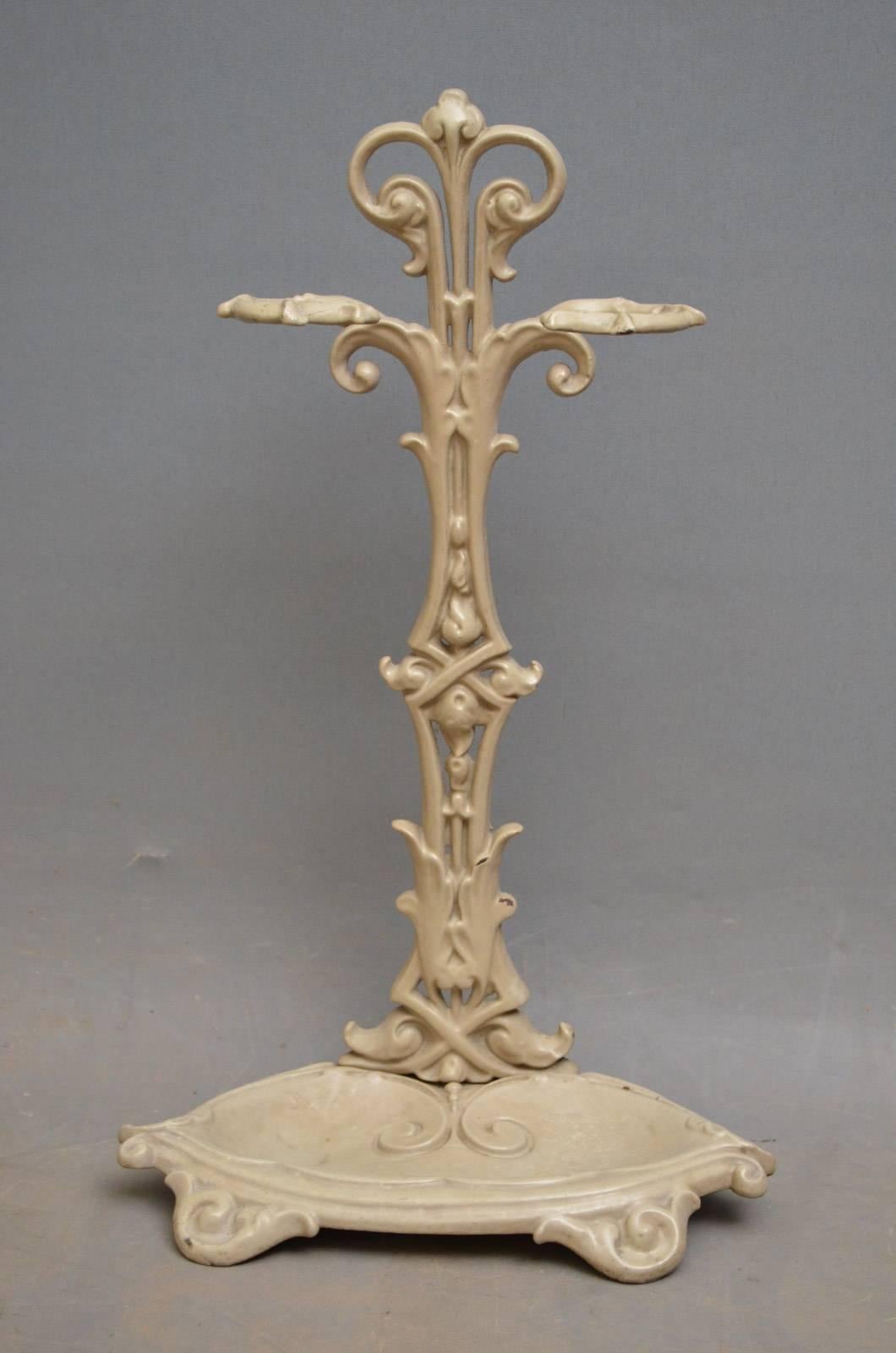 K0293 French Art Nouveau umbrella stand of flowing organic form. This antique hall stand retains original mushroom color enamel (couple of small chips), all in wonderful condition, circa 1890
Measures: H 24.5