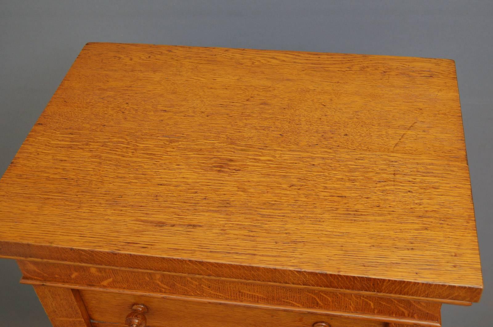 Sn4249. Very unusual Victorian oak cabinet of Wellington chest design, having moulded top above a cupboard door enclosing 3 height adjustable shelves flanked by pilasters fitted with original working lock and a key, all sanding on plinth base. This