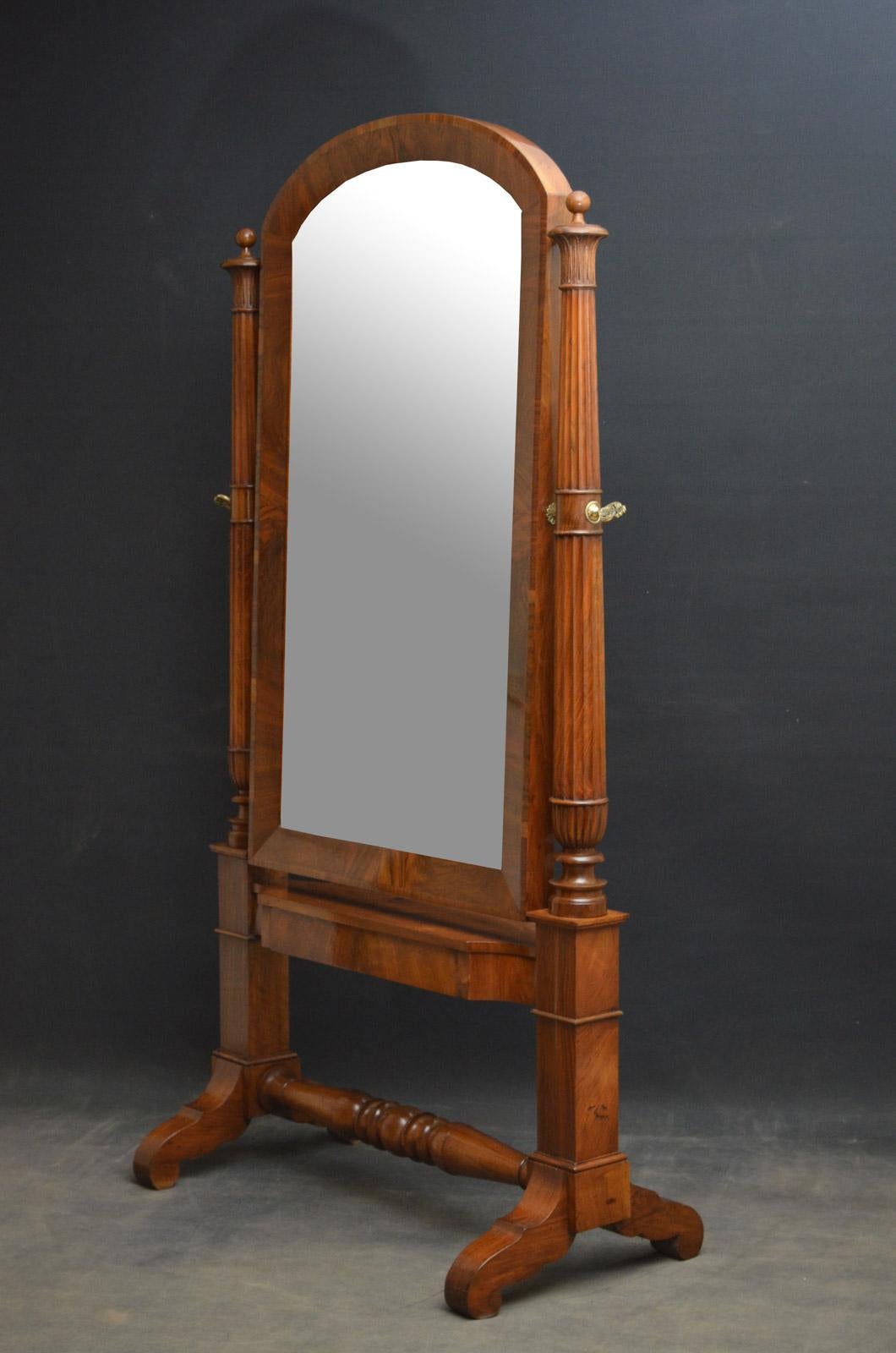 Sn3697 fine quality and very elegant, Continental olivewood cheval mirror, having original mirror plate in arched and figured frame supported on tapering, reeded uprights with finely carved decoration to top, terminating in robust base with drawer
