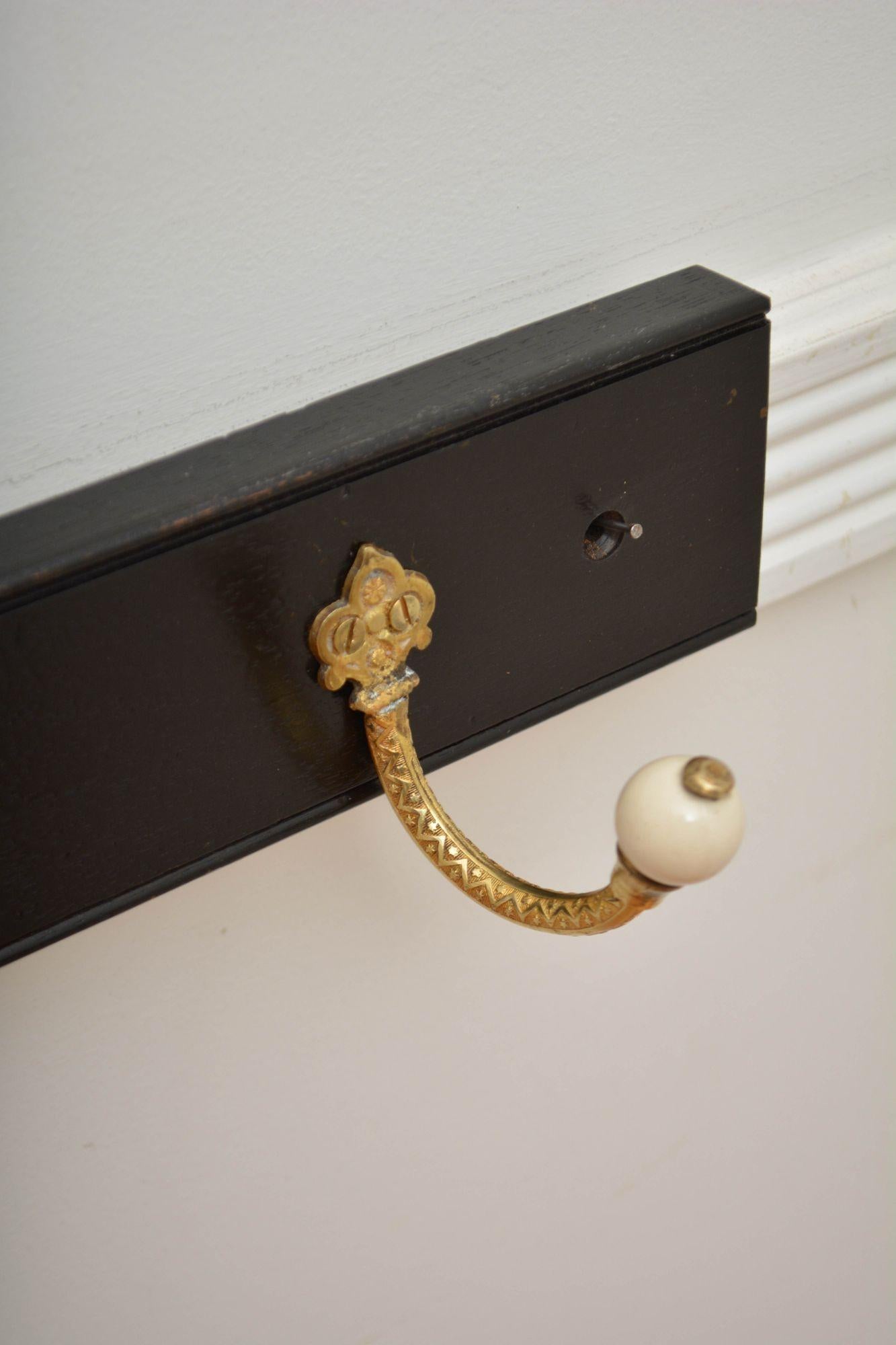 Pair Of Ebonised Brass And Ceramic Coat Rack Coat Hooks For Sale 1