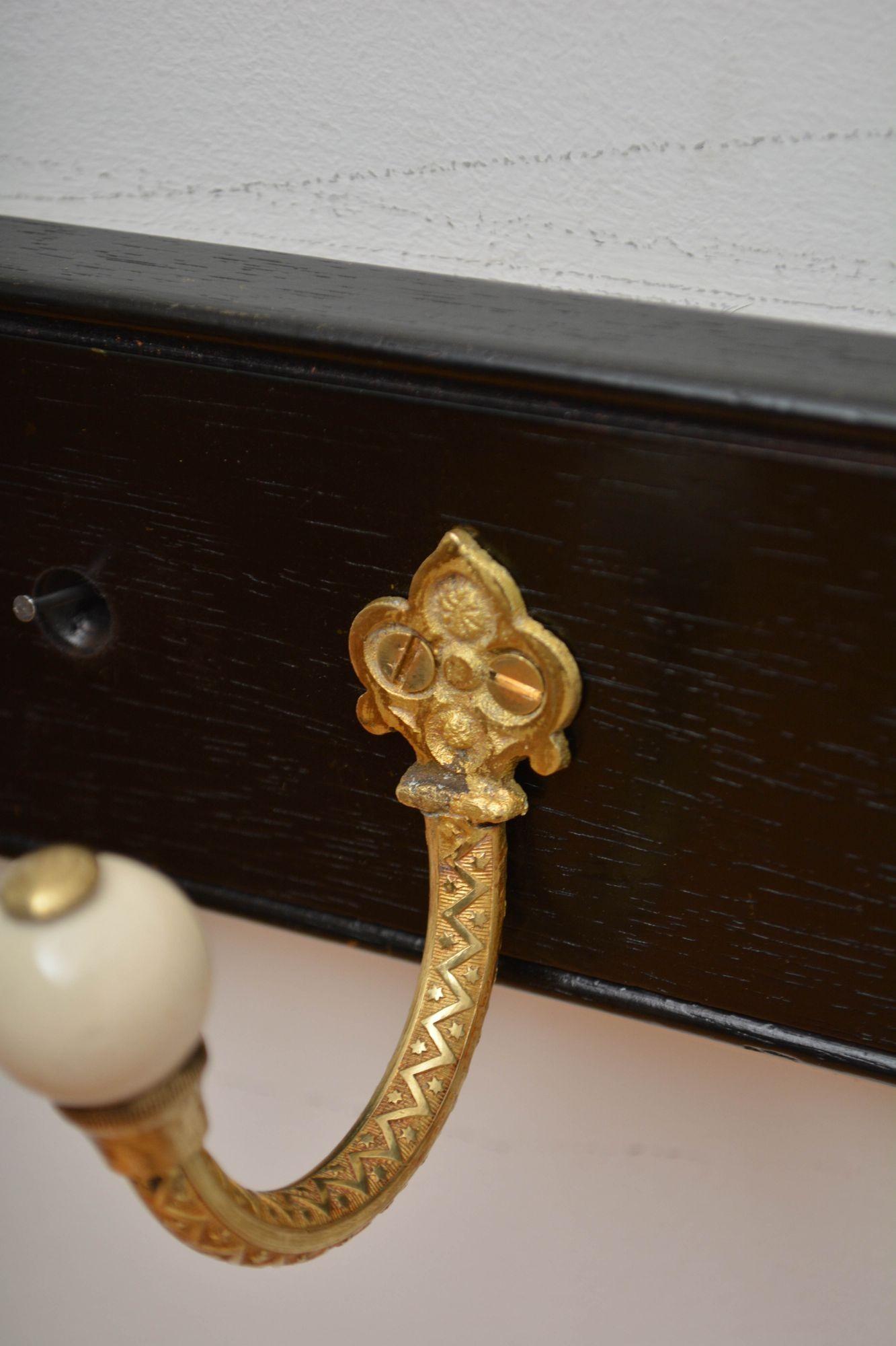 Pair Of Ebonised Brass And Ceramic Coat Rack Coat Hooks For Sale 2