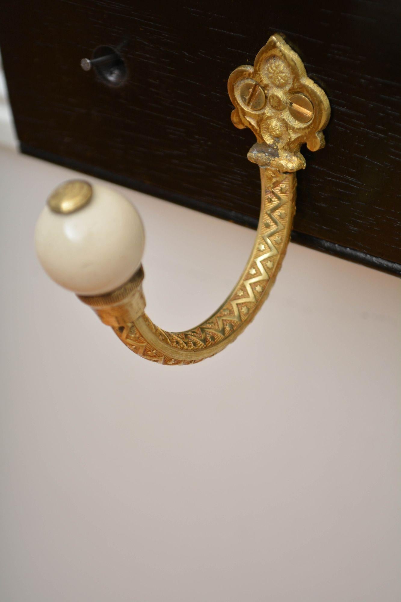 Pair Of Ebonised Brass And Ceramic Coat Rack Coat Hooks For Sale 3