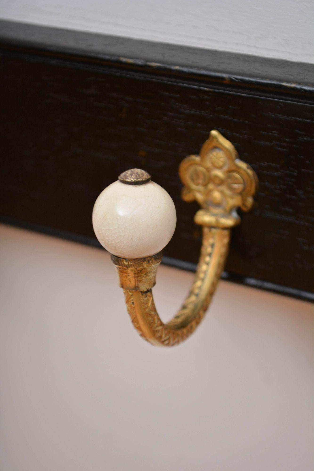 Pair Of Ebonised Brass And Ceramic Coat Rack Coat Hooks For Sale 14