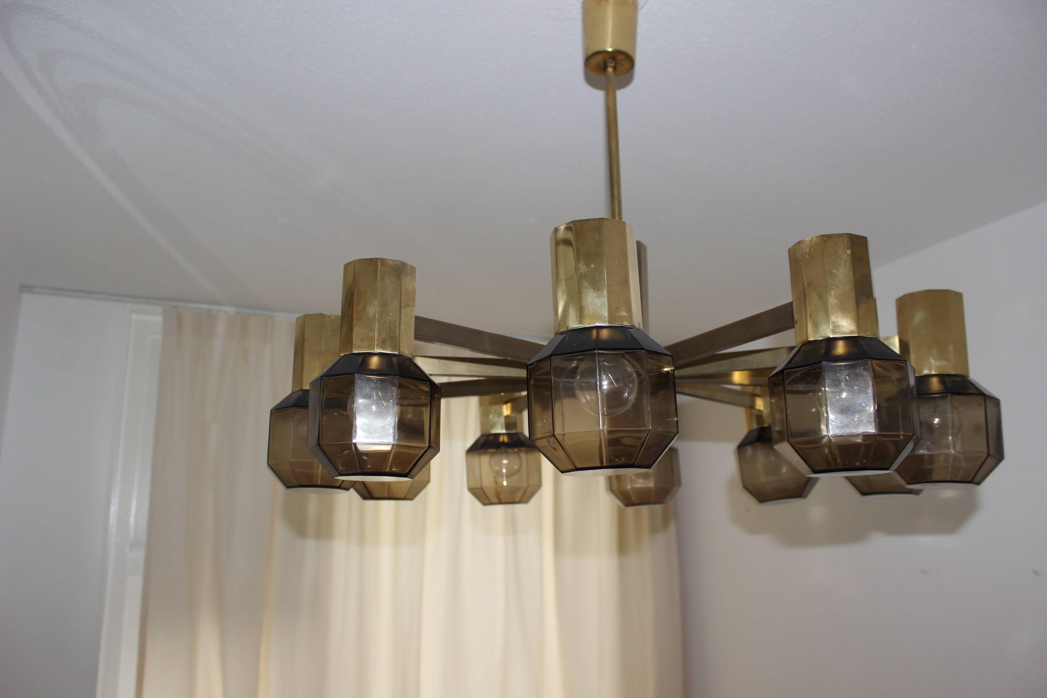 Hollywood Regency  Brass Smoked Glass Chandelier in the Style of Hans-Agne Jakobsson For Sale