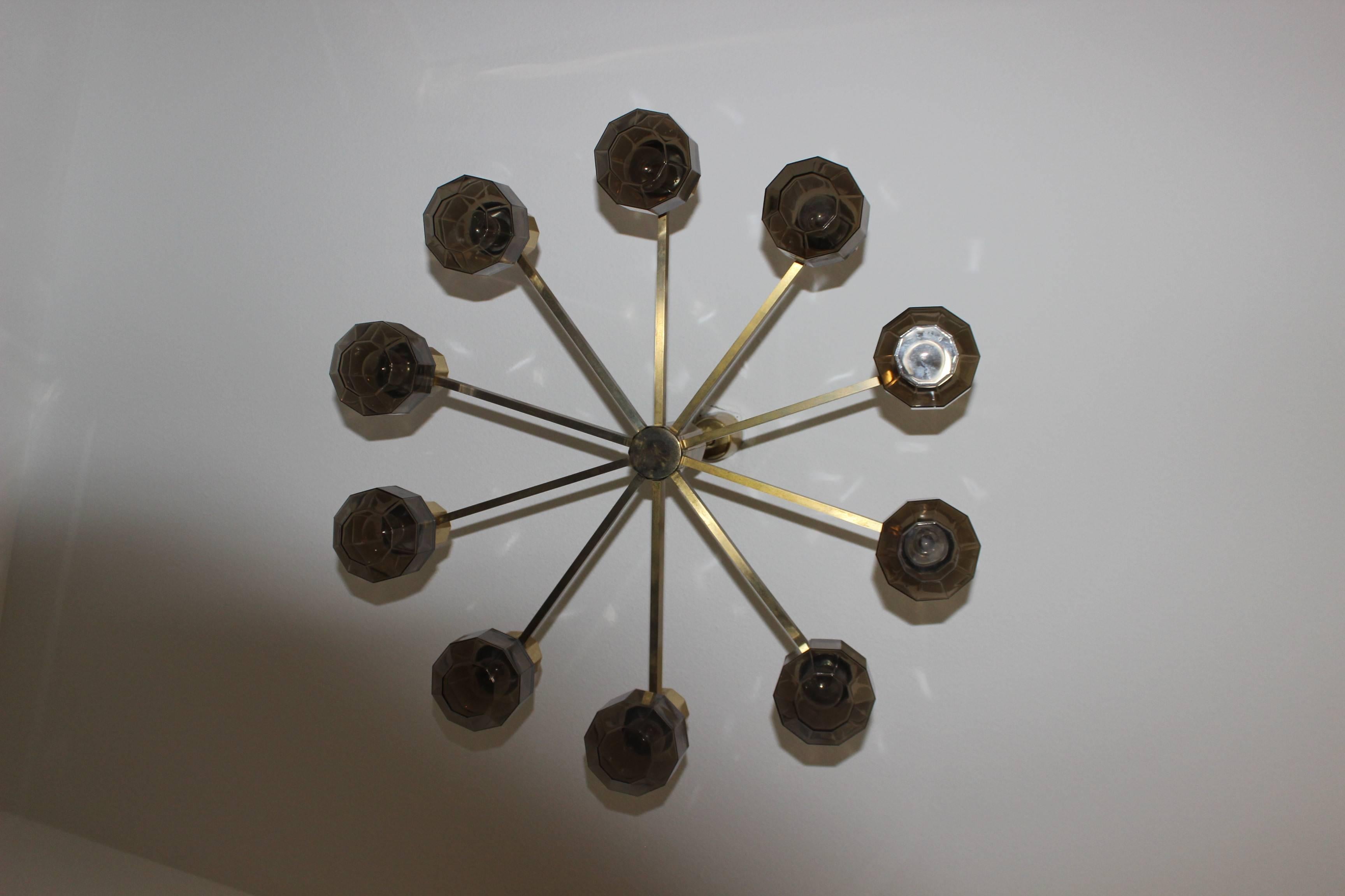  Brass Smoked Glass Chandelier in the Style of Hans-Agne Jakobsson For Sale 1