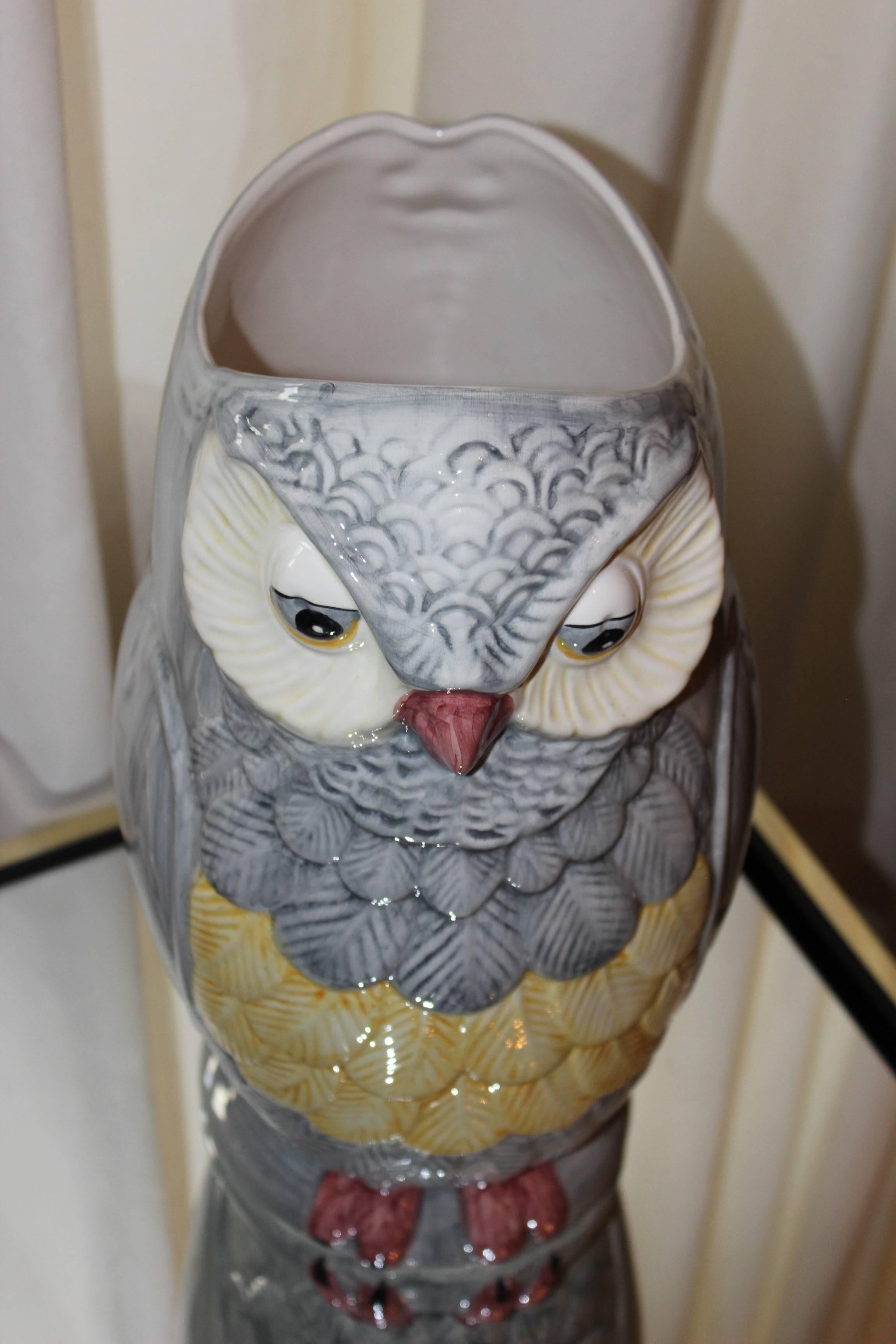 Hollywood Regency Italian Ceramic Owl Vase Umbrella Stand For Sale