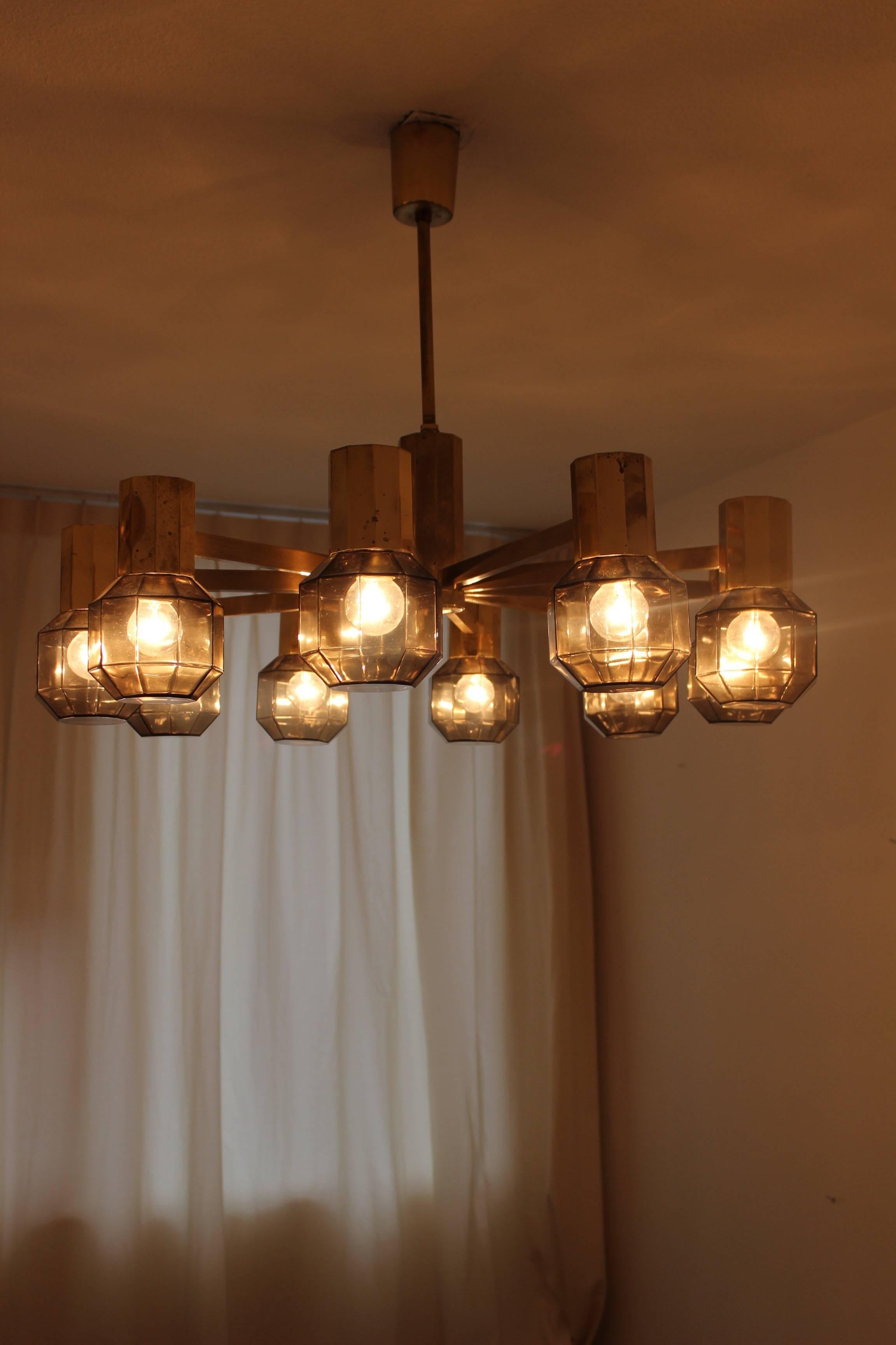 Swedish  Brass Smoked Glass Chandelier in the Style of Hans-Agne Jakobsson For Sale