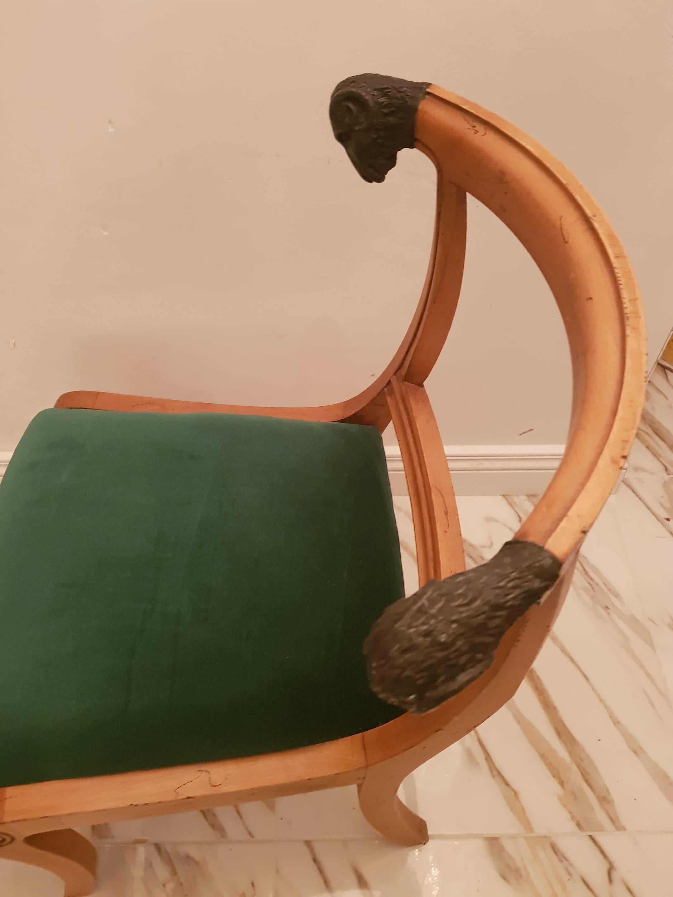 1970's  wooden French Ram's Head Chairs with new velvet green upholstery For Sale 4